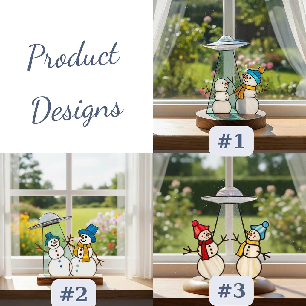 Size description of stained glass snowman ornament – handmade Christmas decor measurements.