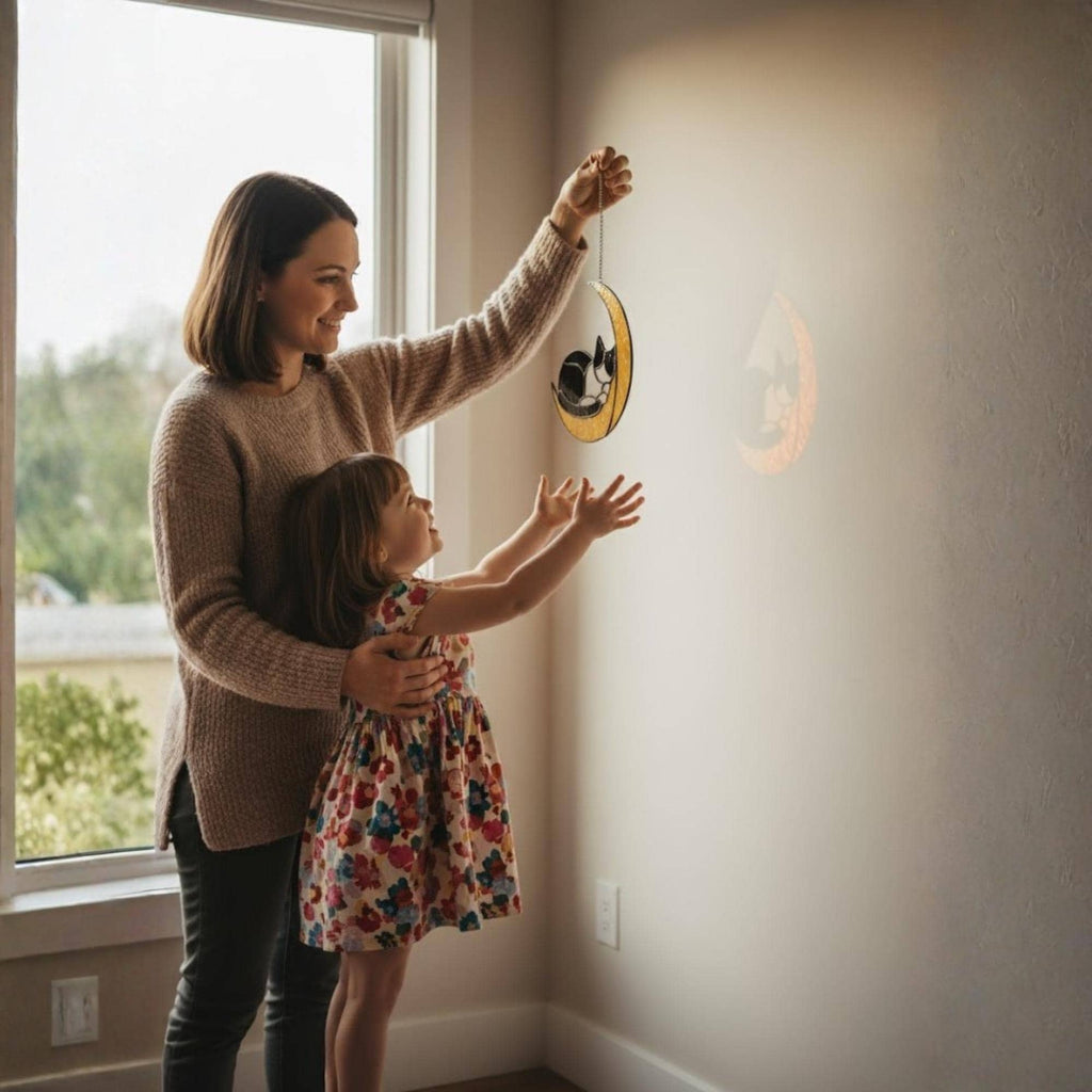 Cat Stained Glass Suncatcher – Crescent Moon Cat Ornament, Handmade Window Hanging, Cat Lover Gift, Memorial Optional