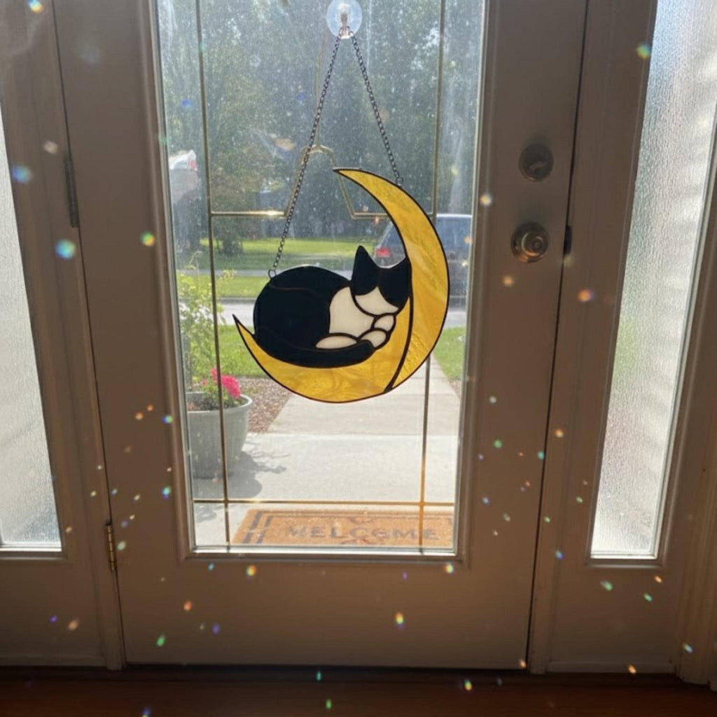 Cat Stained Glass Suncatcher – Crescent Moon Cat Ornament, Handmade Window Hanging, Cat Lover Gift, Memorial Optional