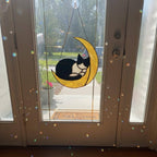 Cat Stained Glass Suncatcher – Crescent Moon Cat Ornament, Handmade Window Hanging, Cat Lover Gift, Memorial Optional