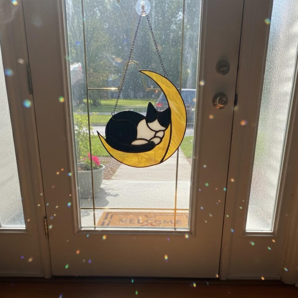 Cat on the Moon Stained Glass Suncatcher, Handmade Cat Window Hanging, Gift for Cat Lovers