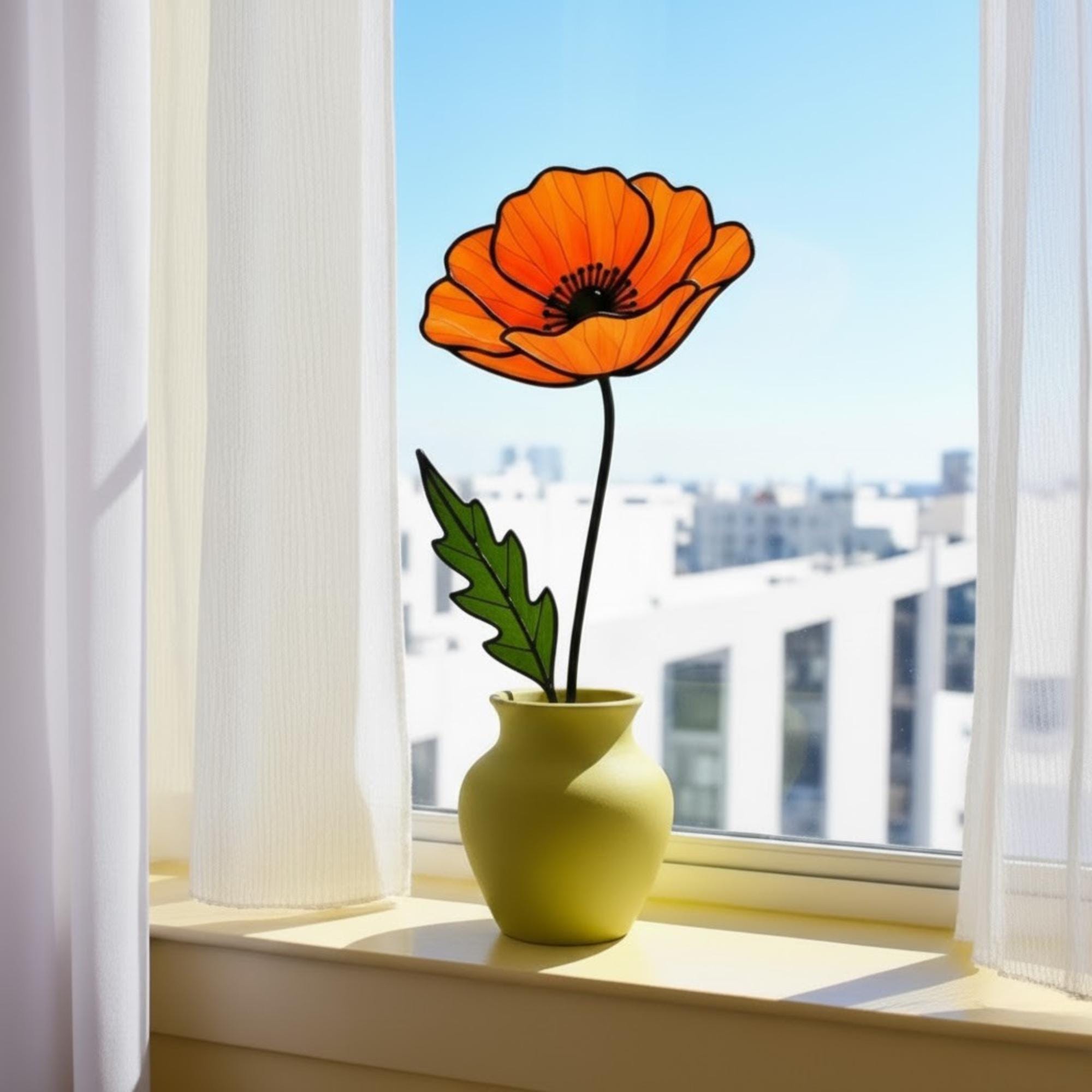 Stained Glass Poppy Flower | California Poppy Suncatcher | Glass Wildflower Bouquet Home Decor | Birth Month Flower Gift Vase Art
