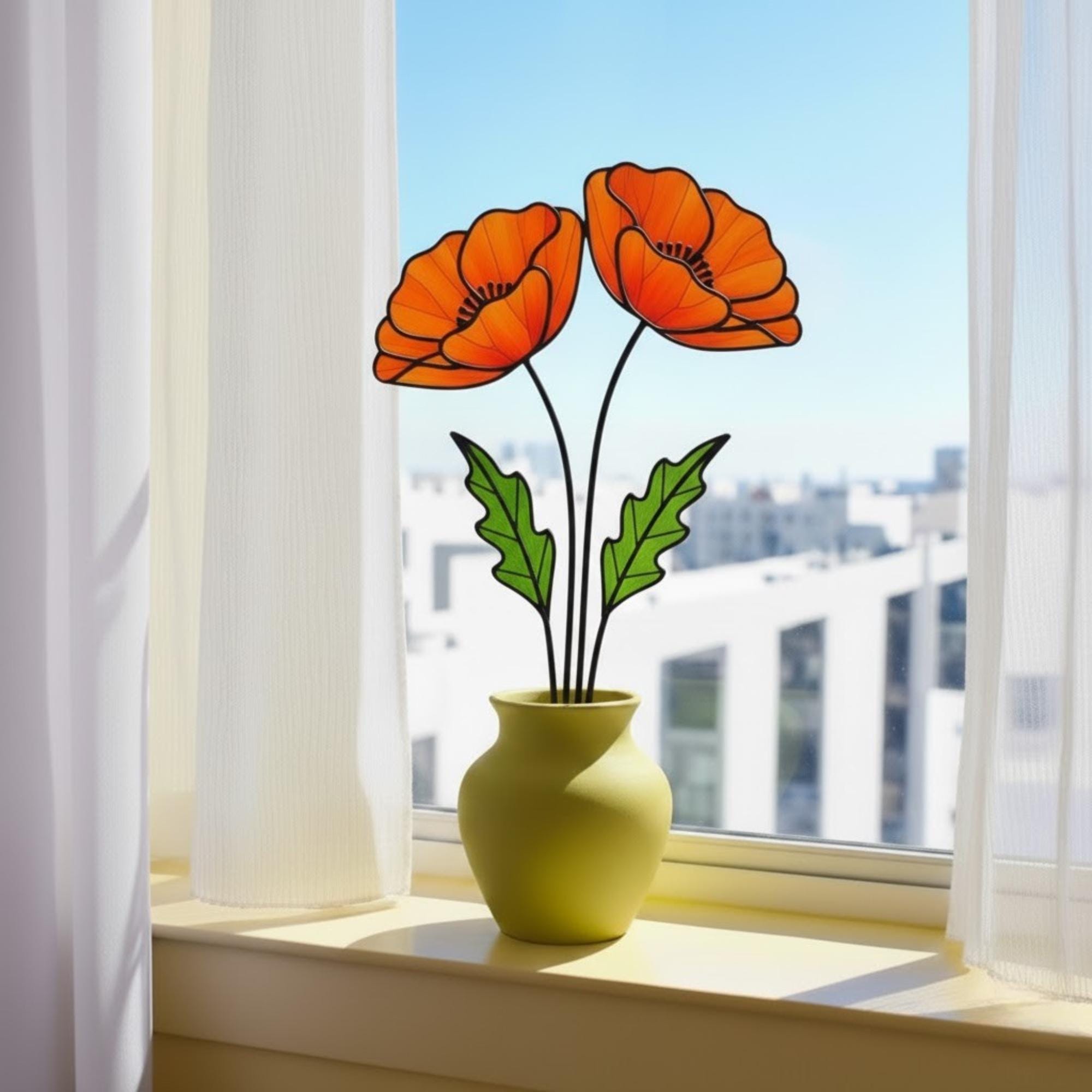 Stained Glass Poppy Flower | California Poppy Suncatcher | Glass Wildflower Bouquet Home Decor | Birth Month Flower Gift Vase Art