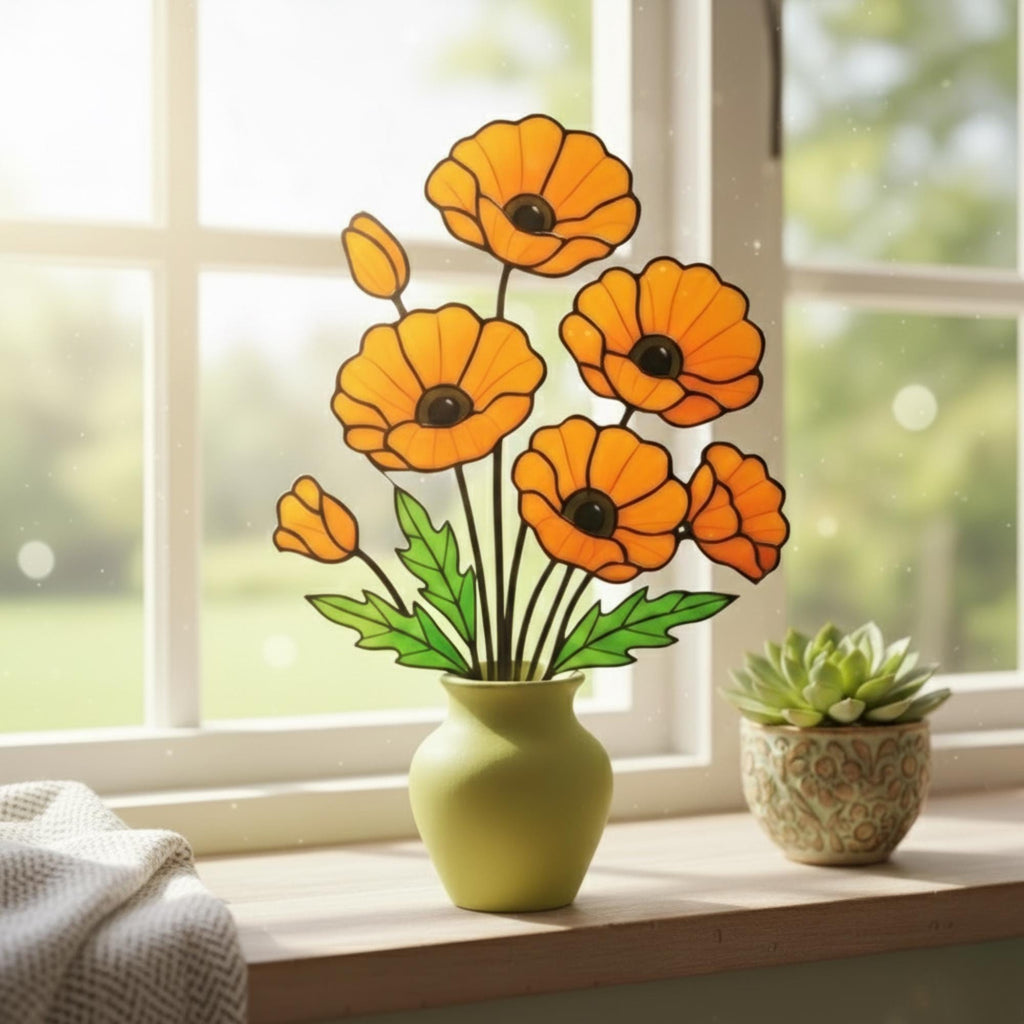 Stained Glass Poppy Flower | California Poppy Suncatcher | Glass Wildflower Bouquet Home Decor | Birth Month Flower Gift Vase Art