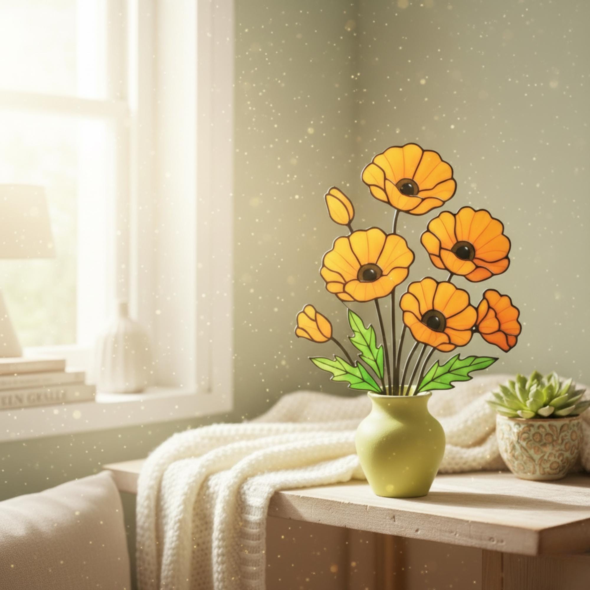 Stained Glass Poppy Flower | California Poppy Suncatcher | Glass Wildflower Bouquet Home Decor | Birth Month Flower Gift Vase Art