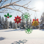 Stained glass Christmas ornaments on snowy branch, green snowflake and red décor sparkling in sunlight
