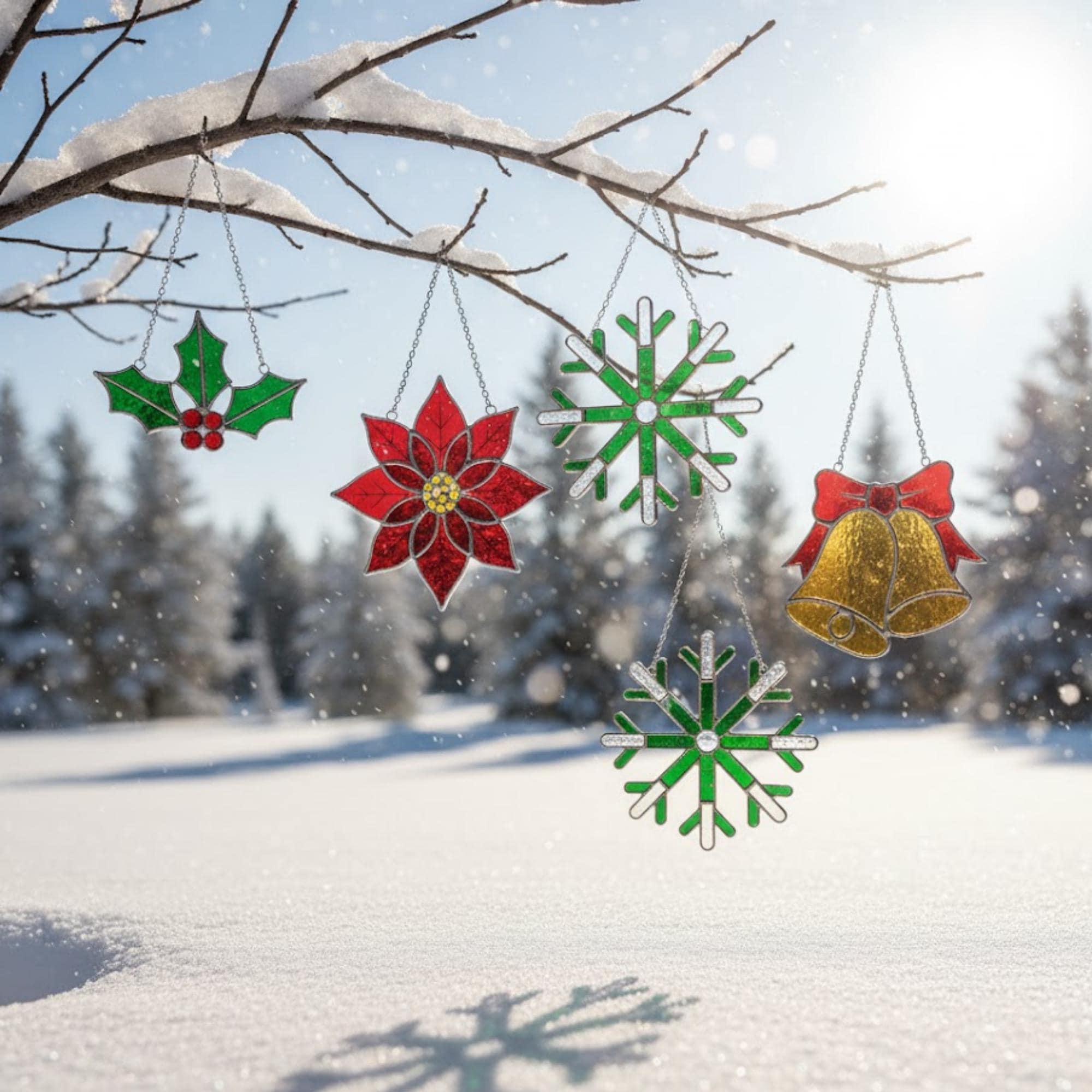 Stained glass Christmas ornaments on snowy branch, green snowflake and red décor sparkling in sunlight