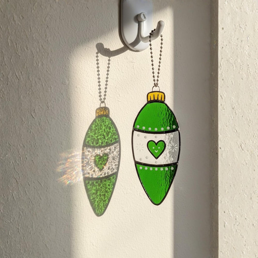 Pair of green long bauble stained glass ornaments, modern Christmas tree décor