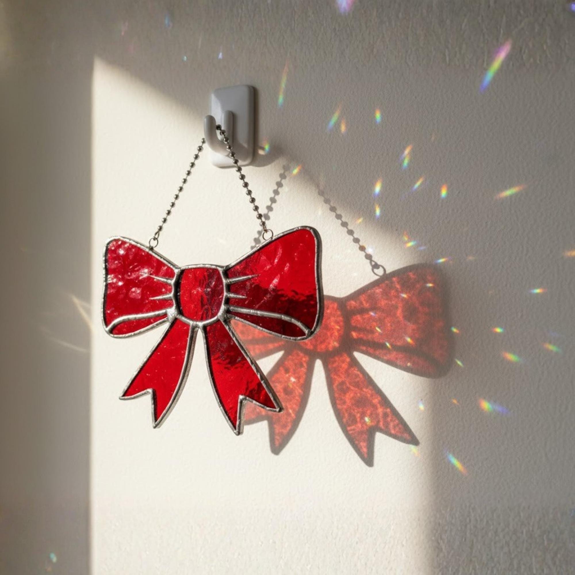 Red bow stained glass ornament, handmade window suncatcher gift