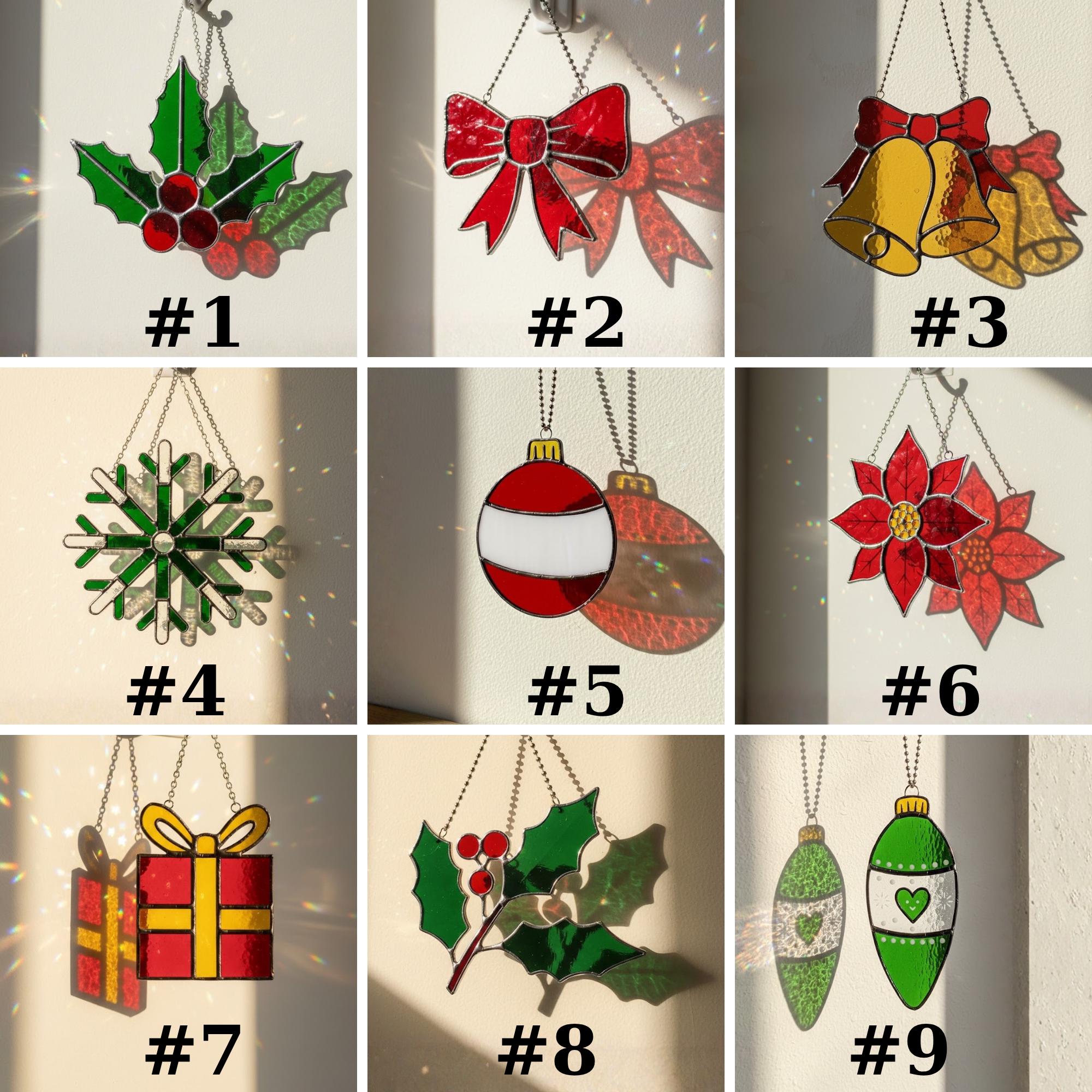 Set of nine stained glass designs #1–#9, holly bow bells snowflake bauble poinsettia gift ornaments