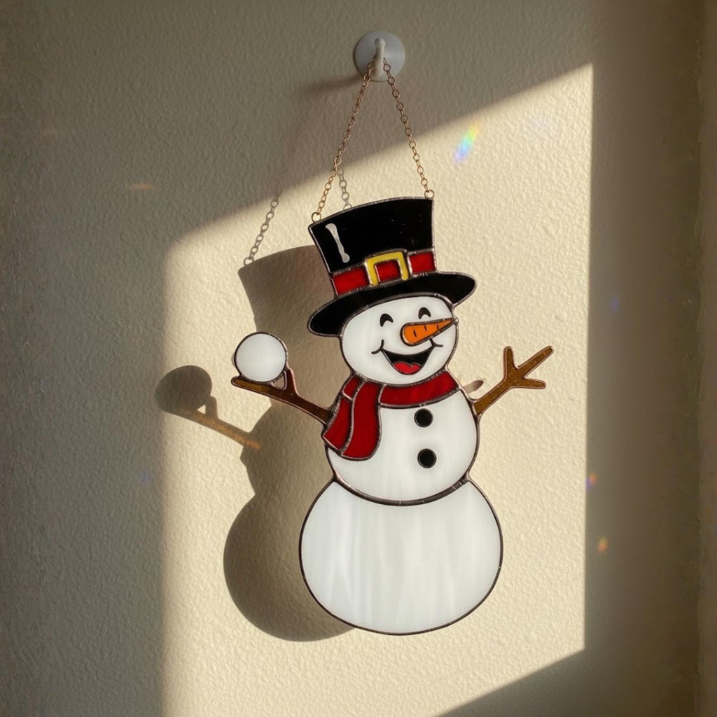 Cute stained glass snowmen family – unique handmade glass Christmas ornament decor.