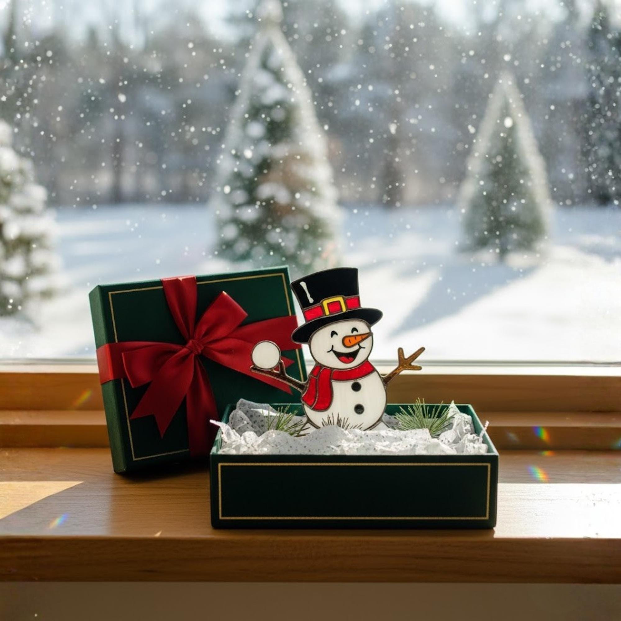 Three cute glass snowmen glowing in sunlight – handmade Christmas ornament decor.