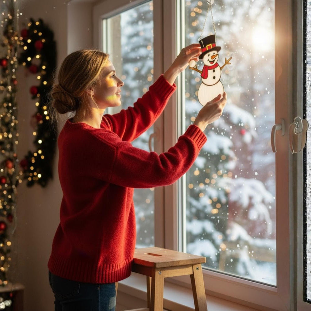 Couple exchanging handmade glass snowman ornament – joyful Christmas gift moment.
