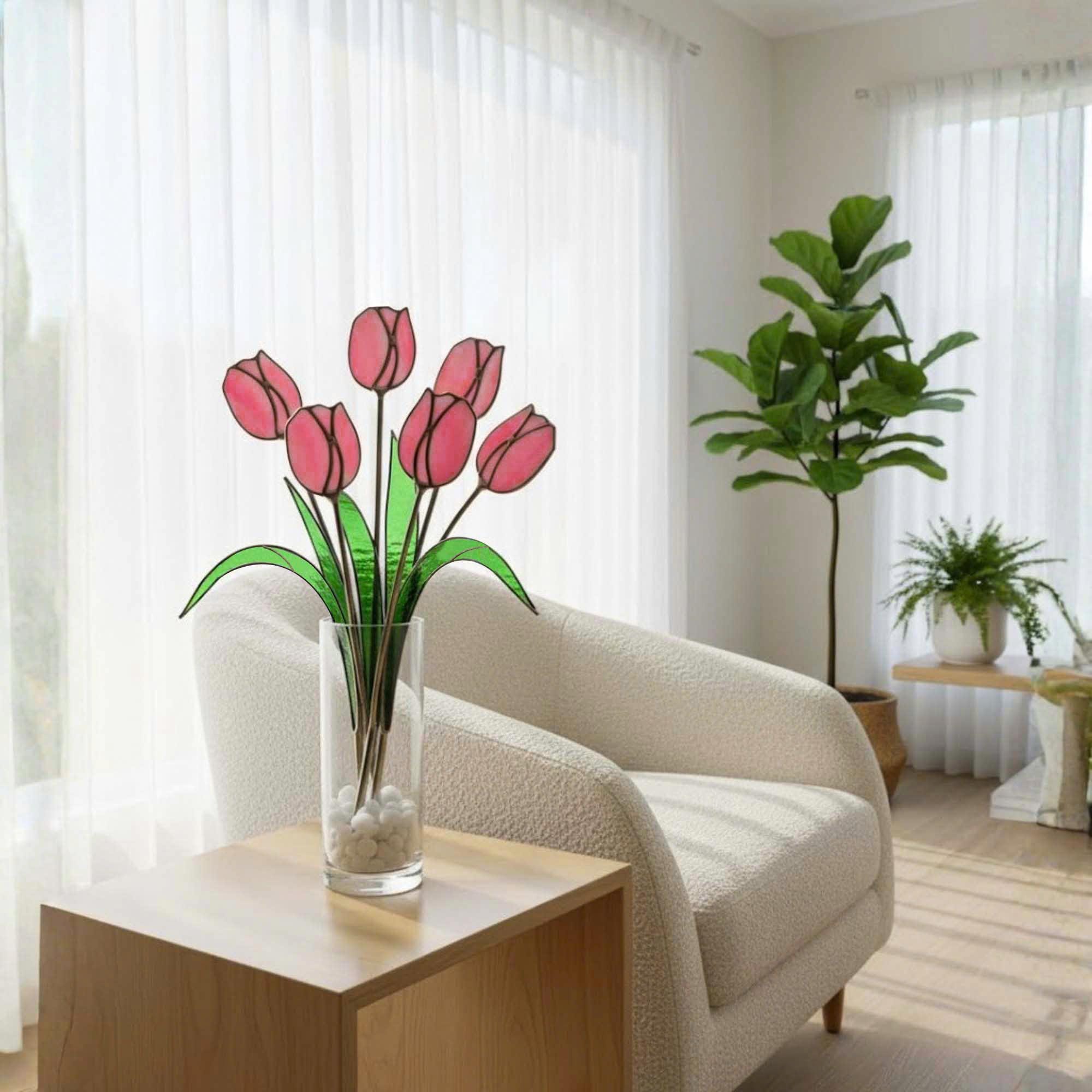 Stained Glass Tulip Bouquet – Handmade Floral Window Decor – Unique Mother’s Day Gift, Spring Home Décor & Birthday Gift for Her