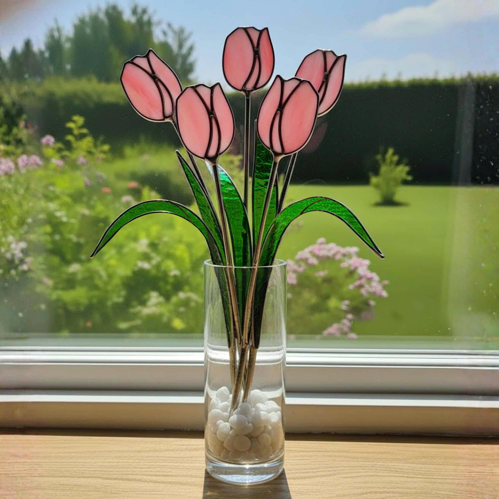 Stained Glass Tulip Bouquet – Handmade Floral Window Decor – Unique Mother’s Day Gift, Spring Home Décor & Birthday Gift for Her