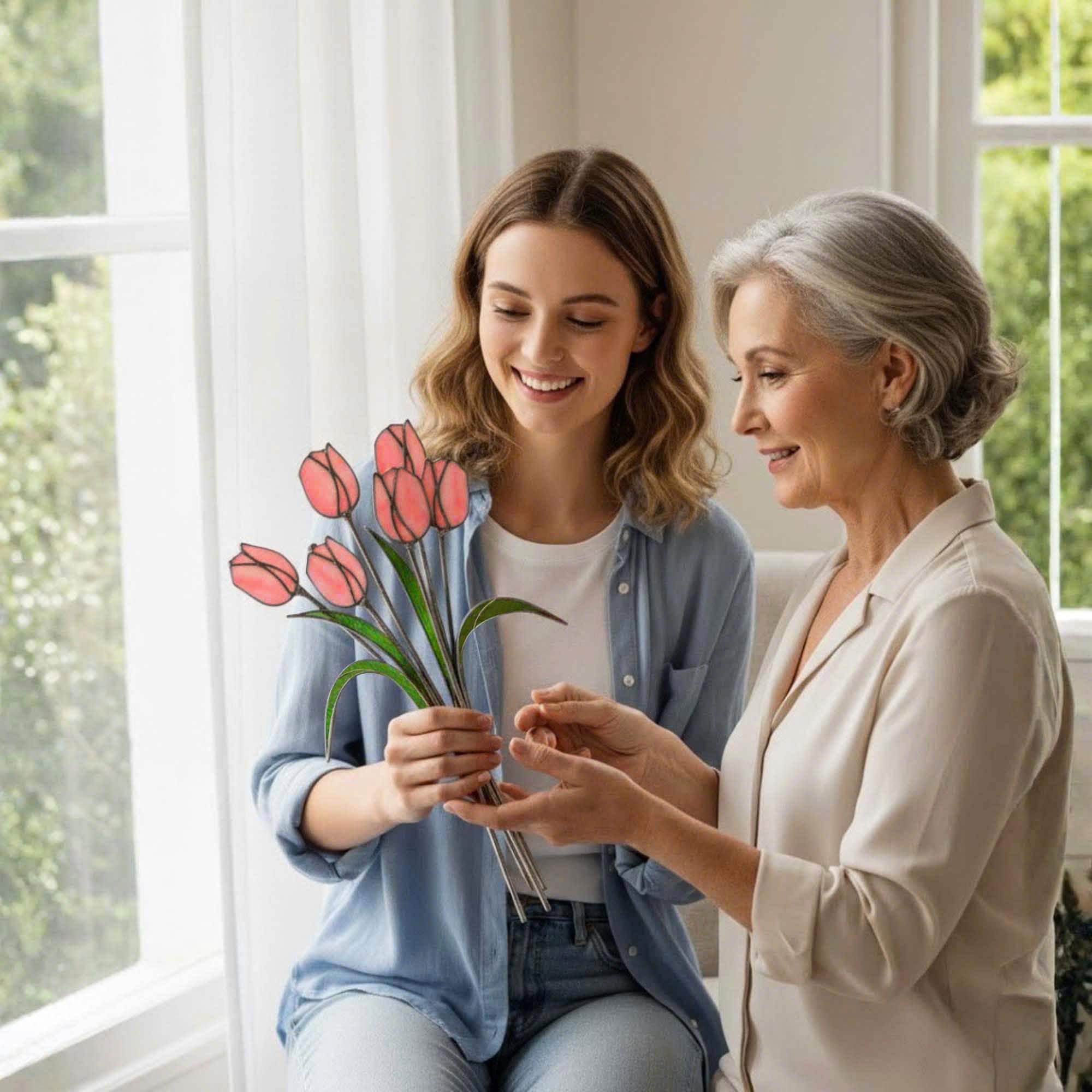Stained Glass Tulip Bouquet – Handmade Floral Window Decor – Unique Mother’s Day Gift, Spring Home Décor & Birthday Gift for Her