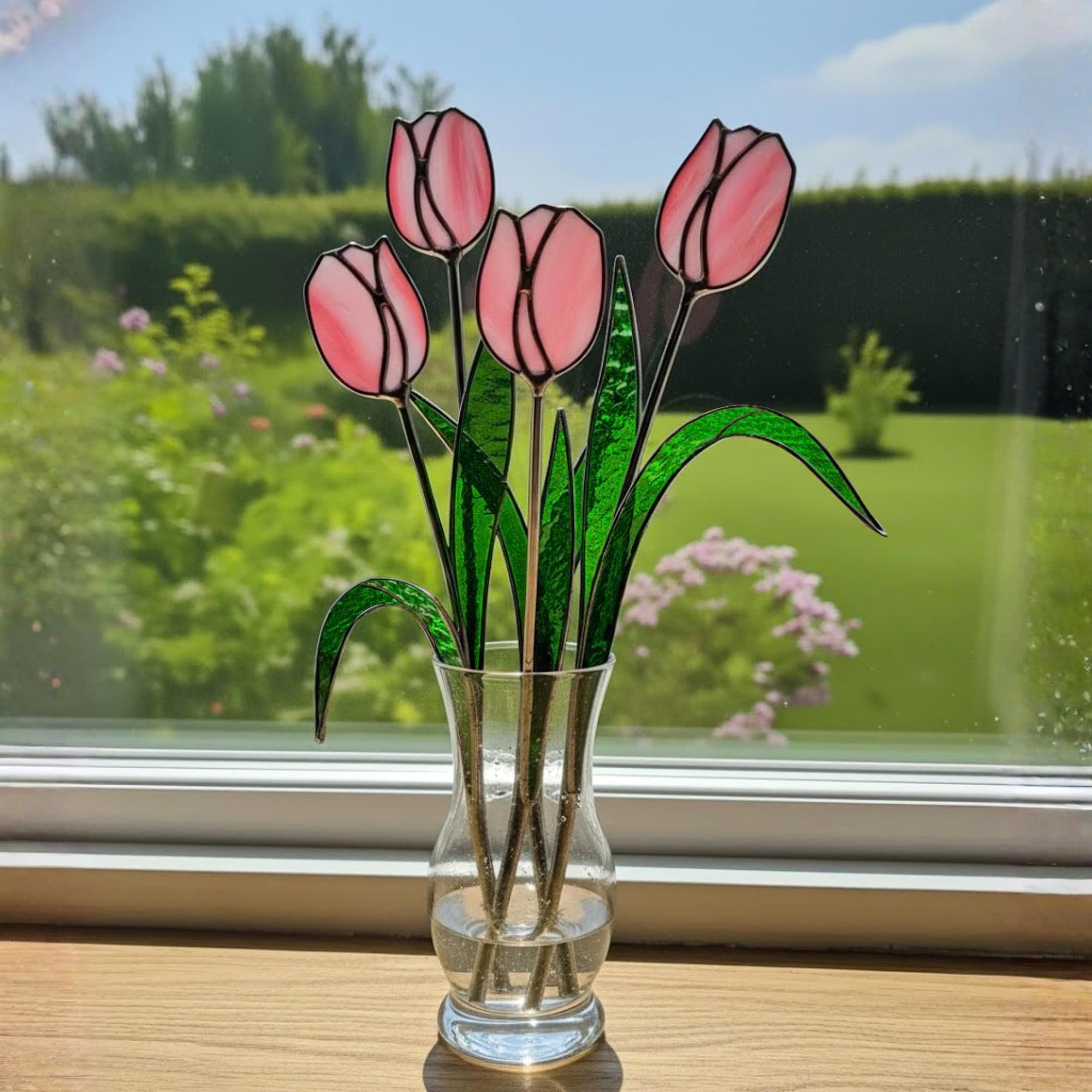 Stained Glass Tulip Suncatcher – Pink Tulip Flower Bouquet, Spring Window Hanging Decor, Handmade Glass Flower, Gift for Mom & Grandma