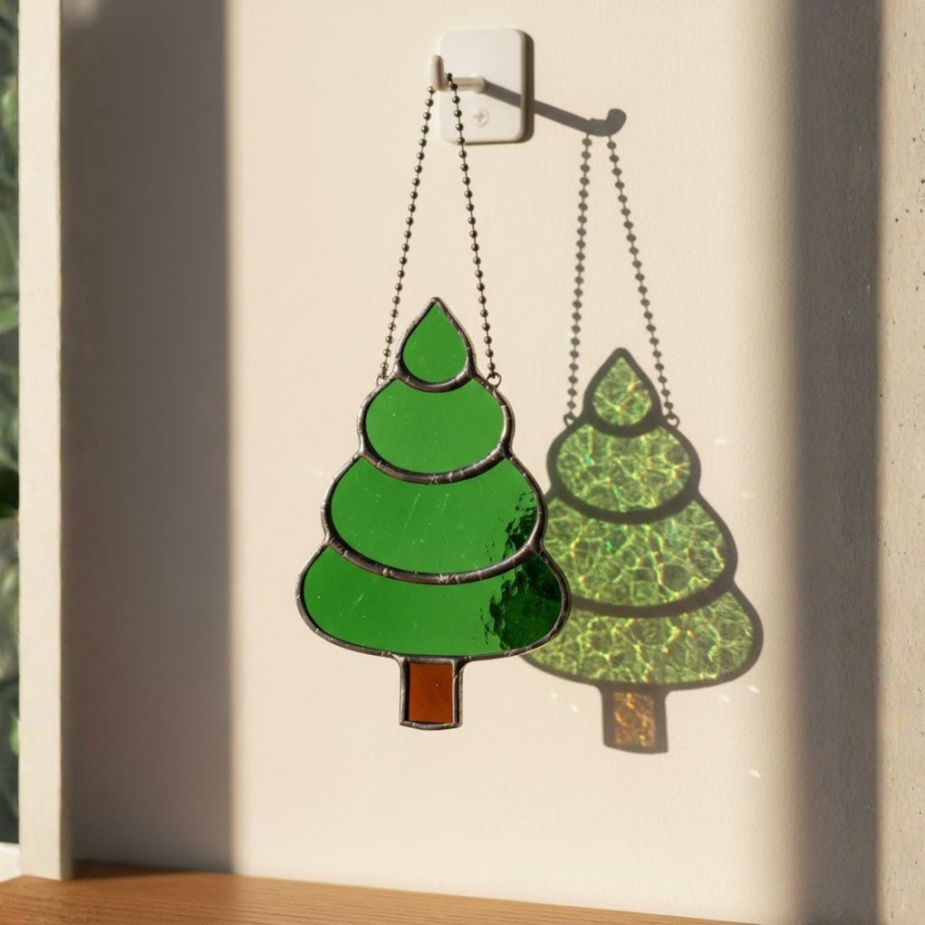 Set of three rounded stained glass trees, handmade holiday ornaments