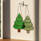 Set of three rounded stained glass trees, handmade holiday ornaments