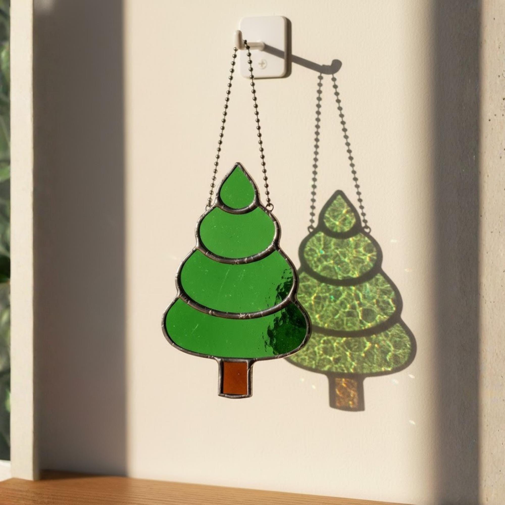 Set of three rounded stained glass trees, handmade holiday ornaments