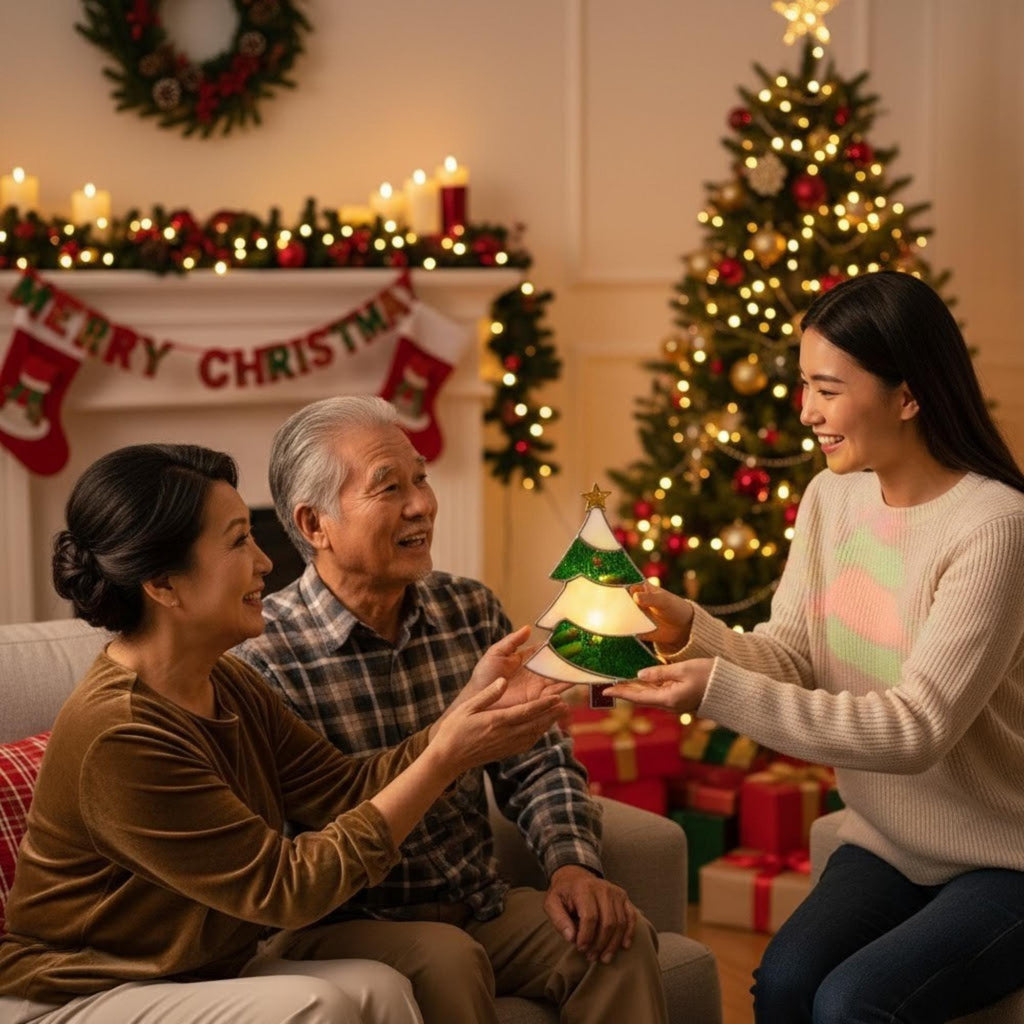 Family celebrating by Christmas tree with stained glass tree ornament glowing, cozy holiday scene