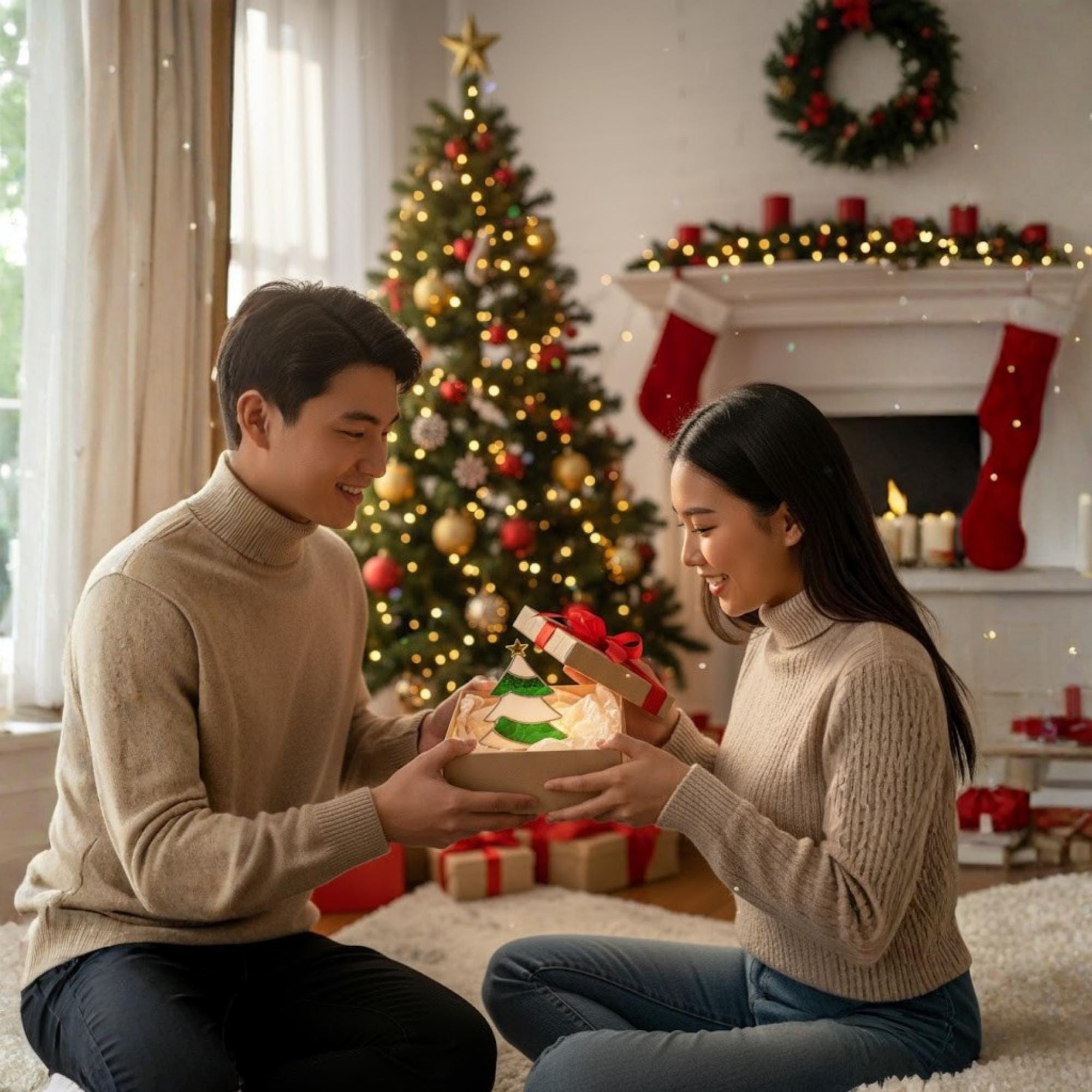 Couple exchanging handmade stained glass Christmas tree suncatcher, festive gift moment