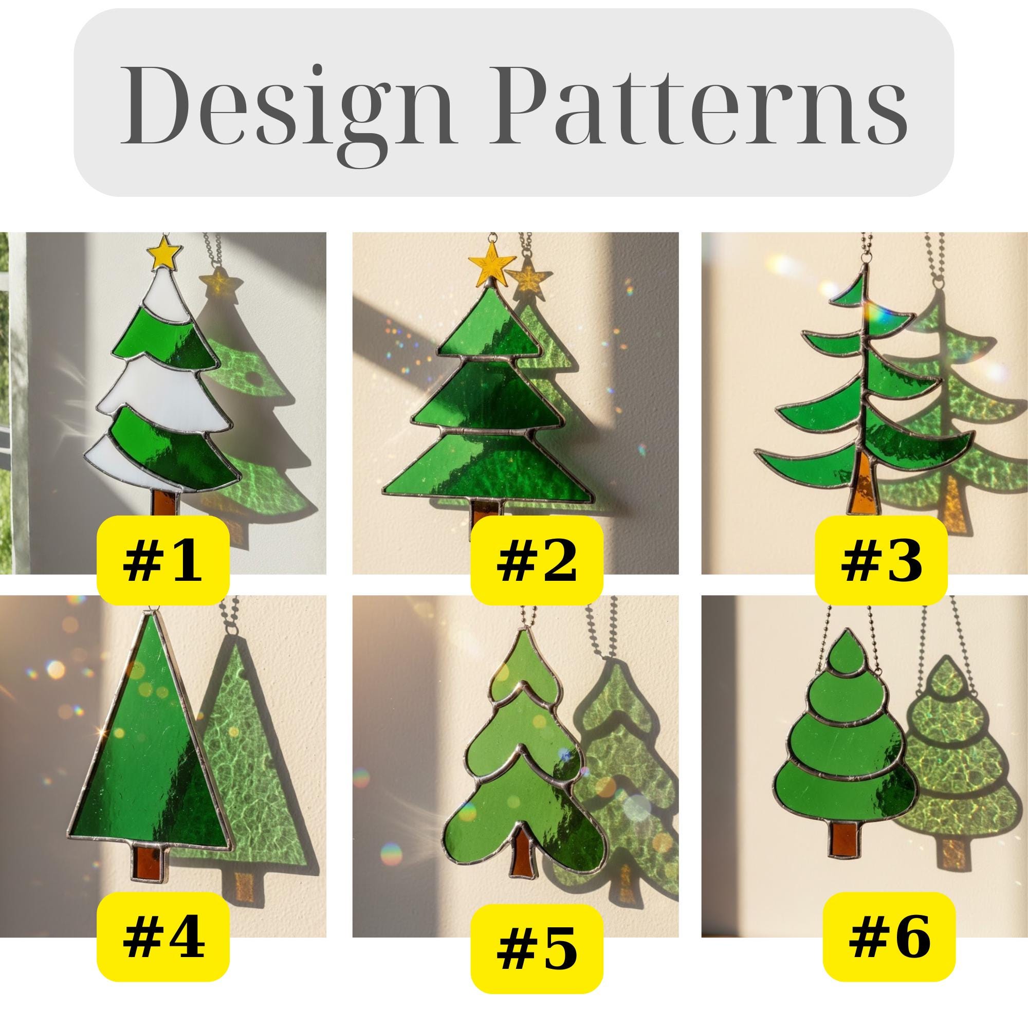 Design options collage #1–#6 stained glass Christmas tree ornaments, choose your style