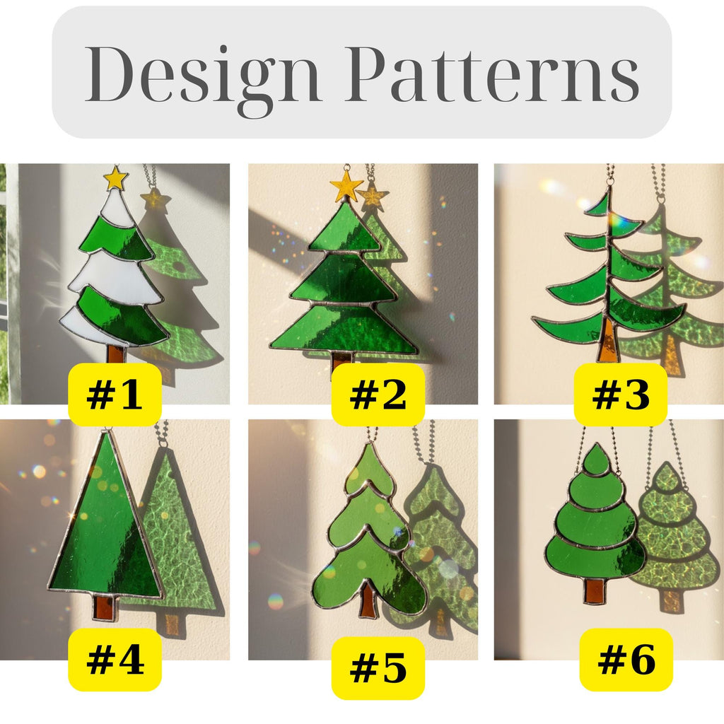 Design options collage #1–#6 stained glass Christmas tree ornaments, choose your style