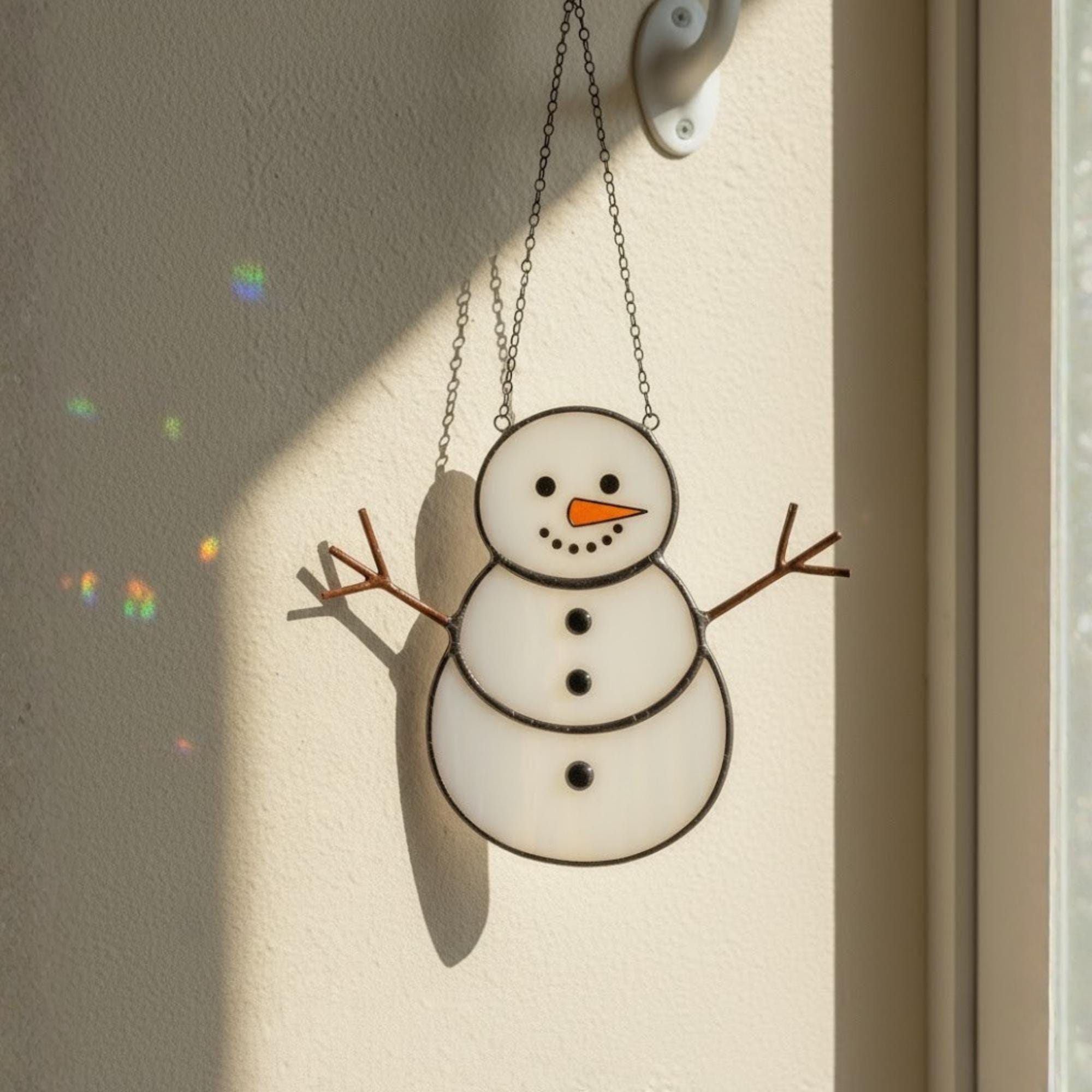 Smiling snowman glass ornament with purple scarf – Christmas gift for her or kids.