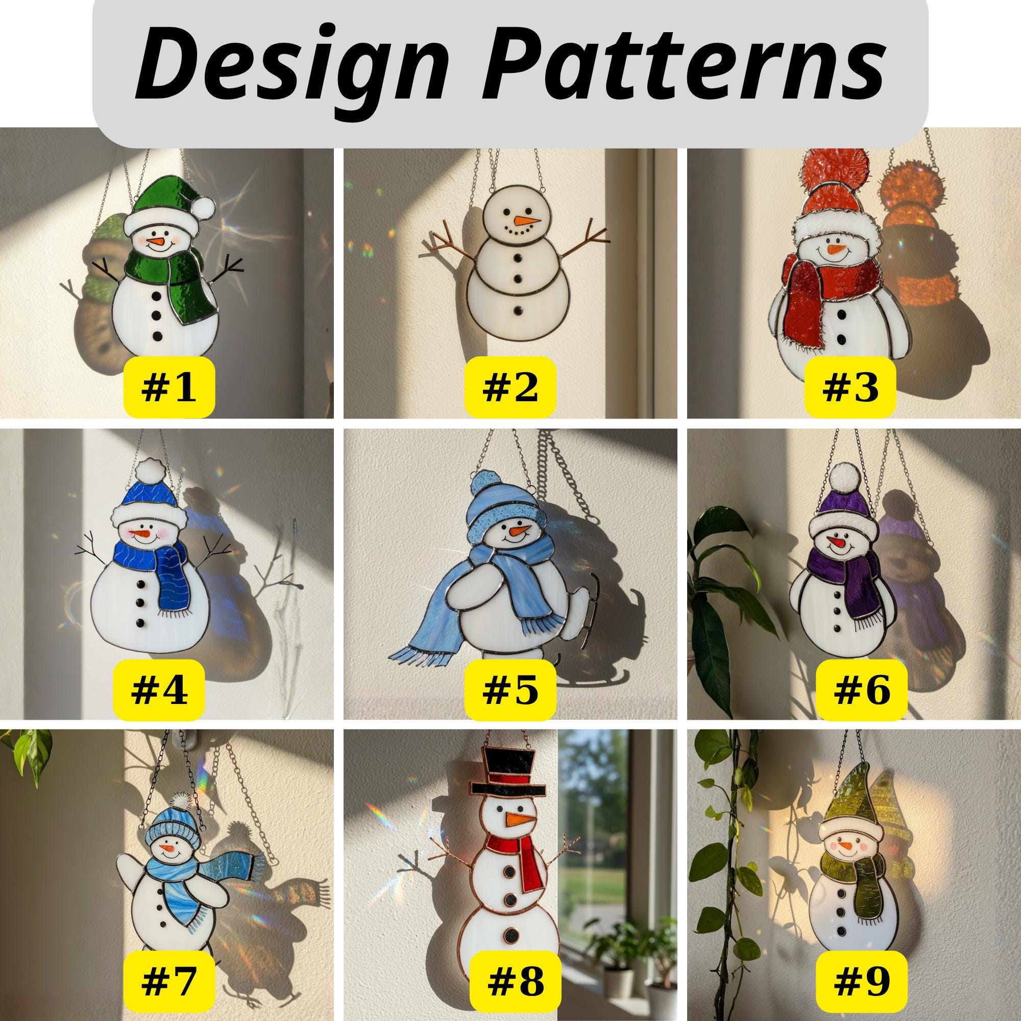 Woman hanging snowman stained glass suncatcher by window – winter home decoration.