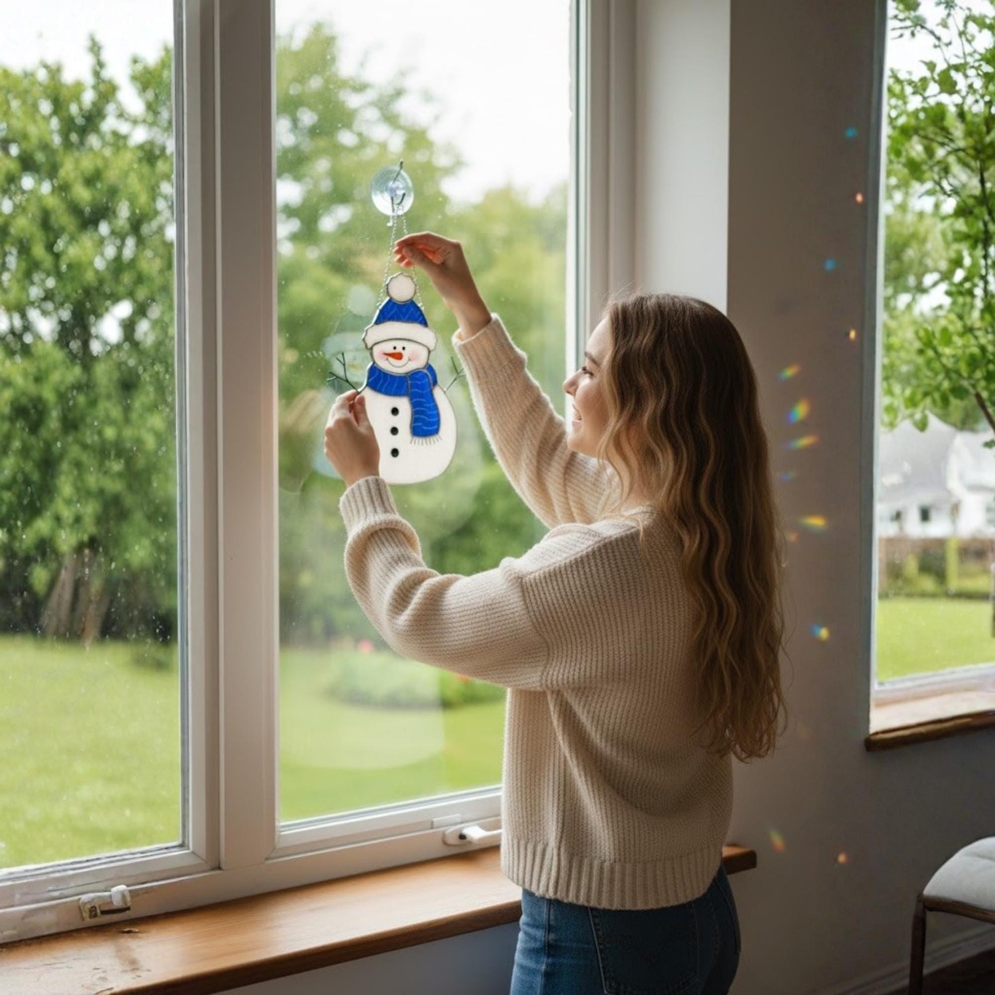 Couple exchanging handmade glass snowman ornament – Christmas gift for her or mom.