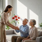 Woman gifting stained glass poppy bouquet to elderly couple, meaningful home gift