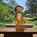 Basset Hound stained glass ornament with Christmas hat, holiday pet decor