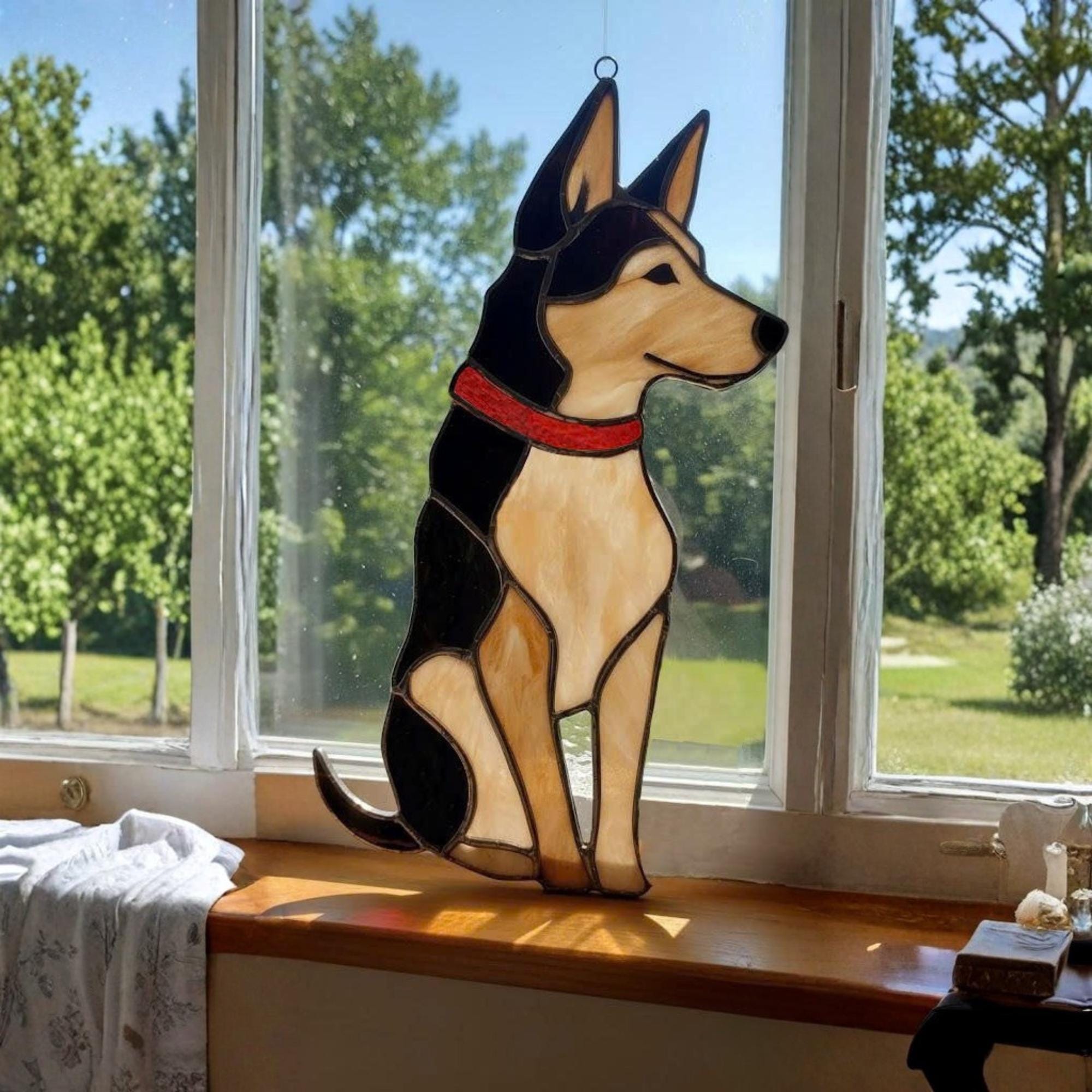 Stained glass Labrador dog ornament on wooden shelf, handmade dog art