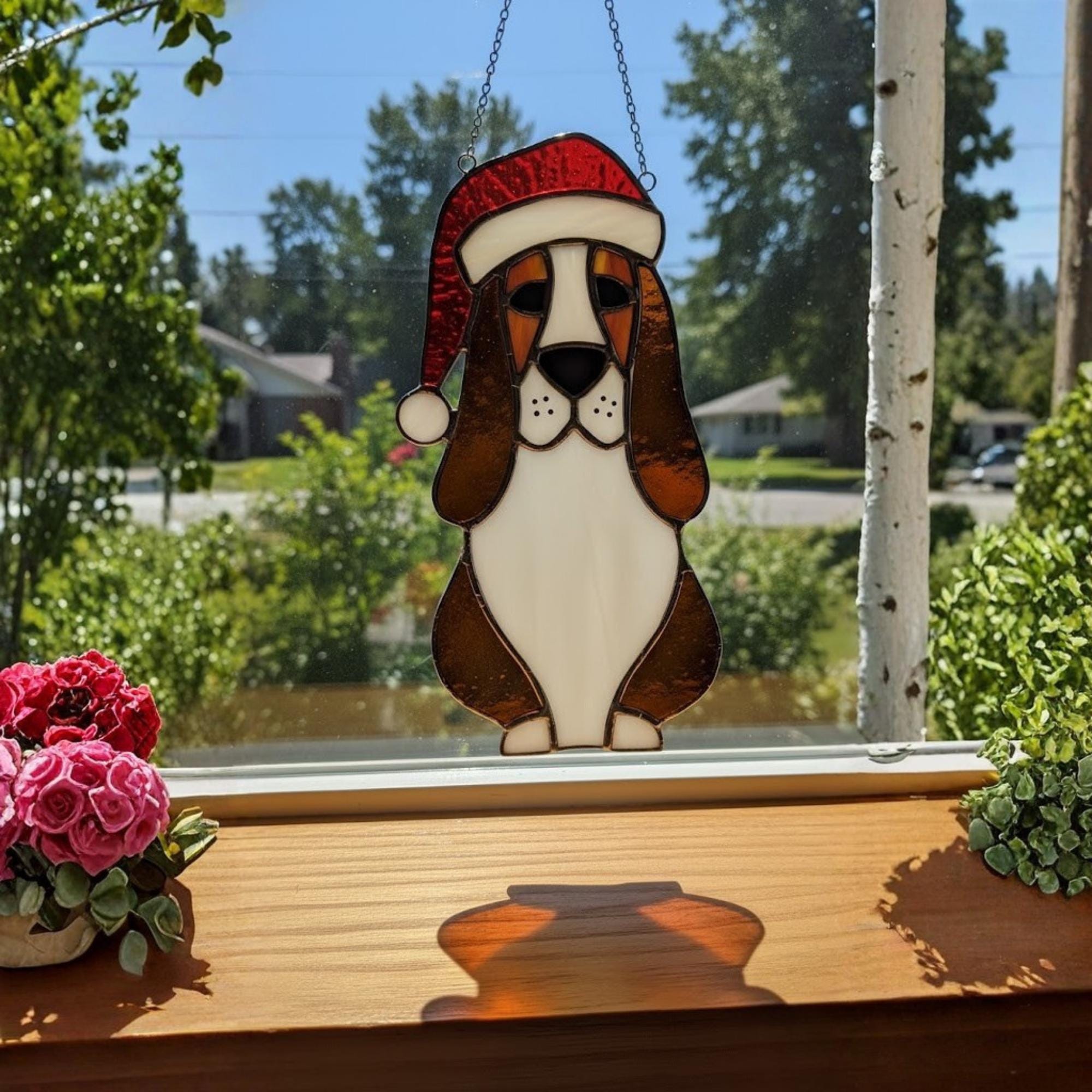 Shih Tzu stained glass suncatcher hanging on window, handmade pet portrait