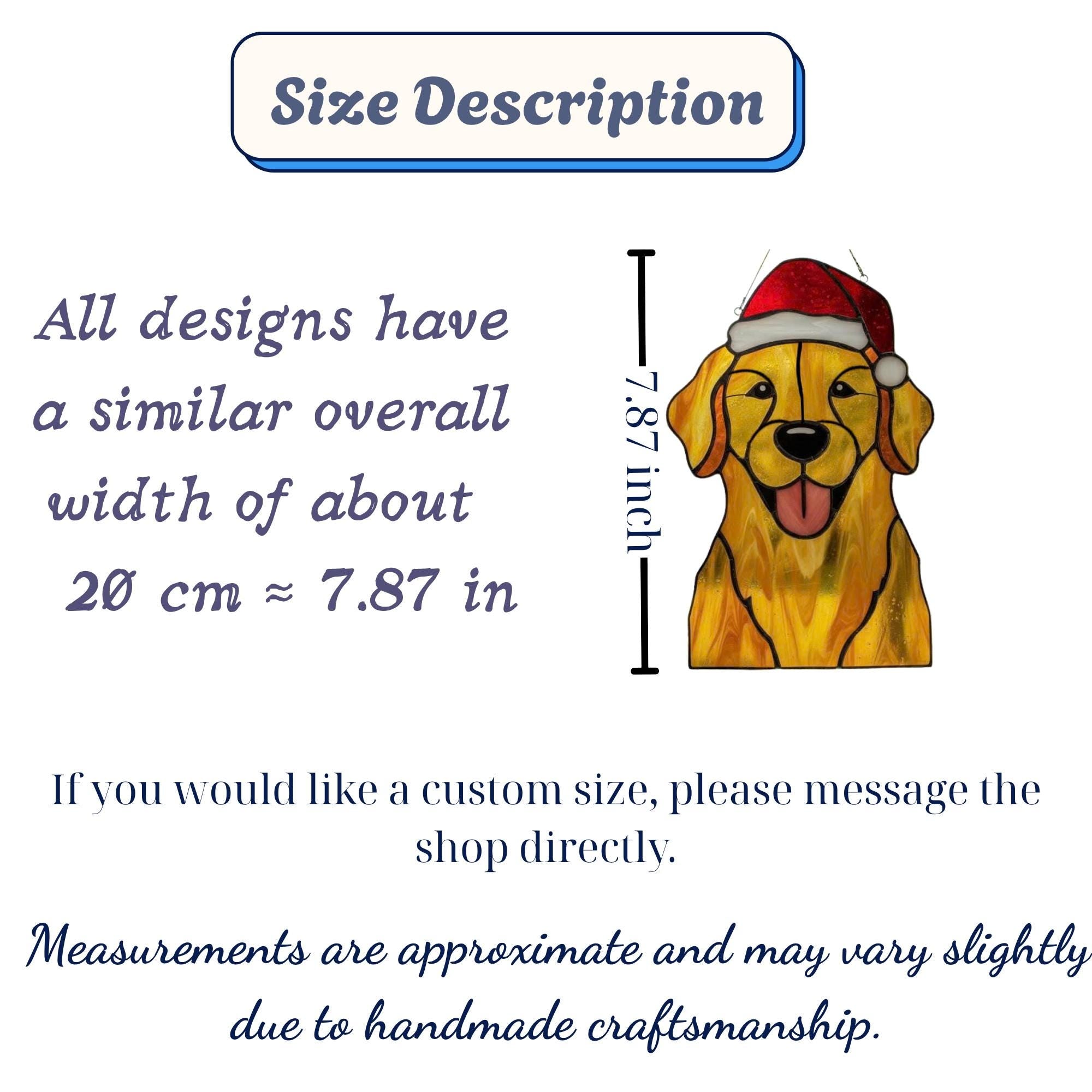 Size chart for stained glass dog suncatchers, approx 7.87 inch tall
