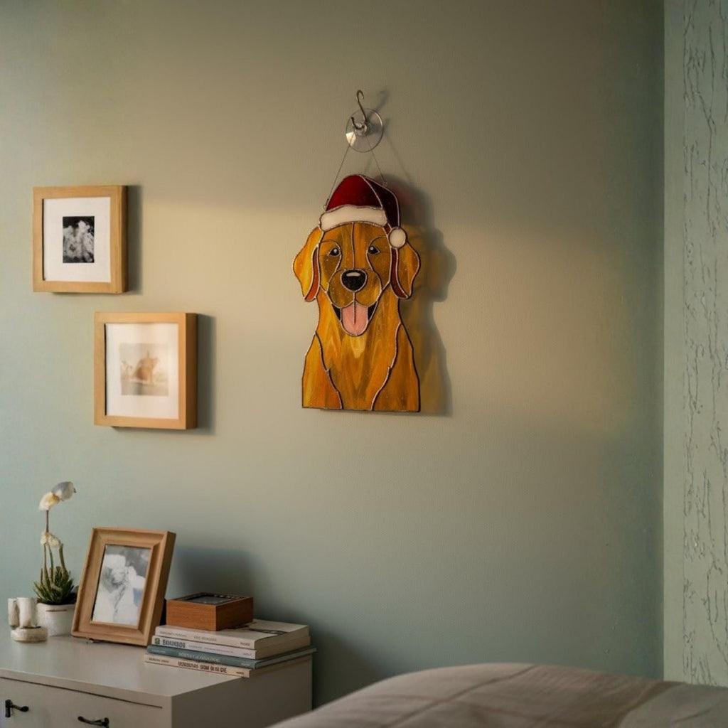 Golden retriever stained glass suncatcher hanging on window, cheerful sunlight