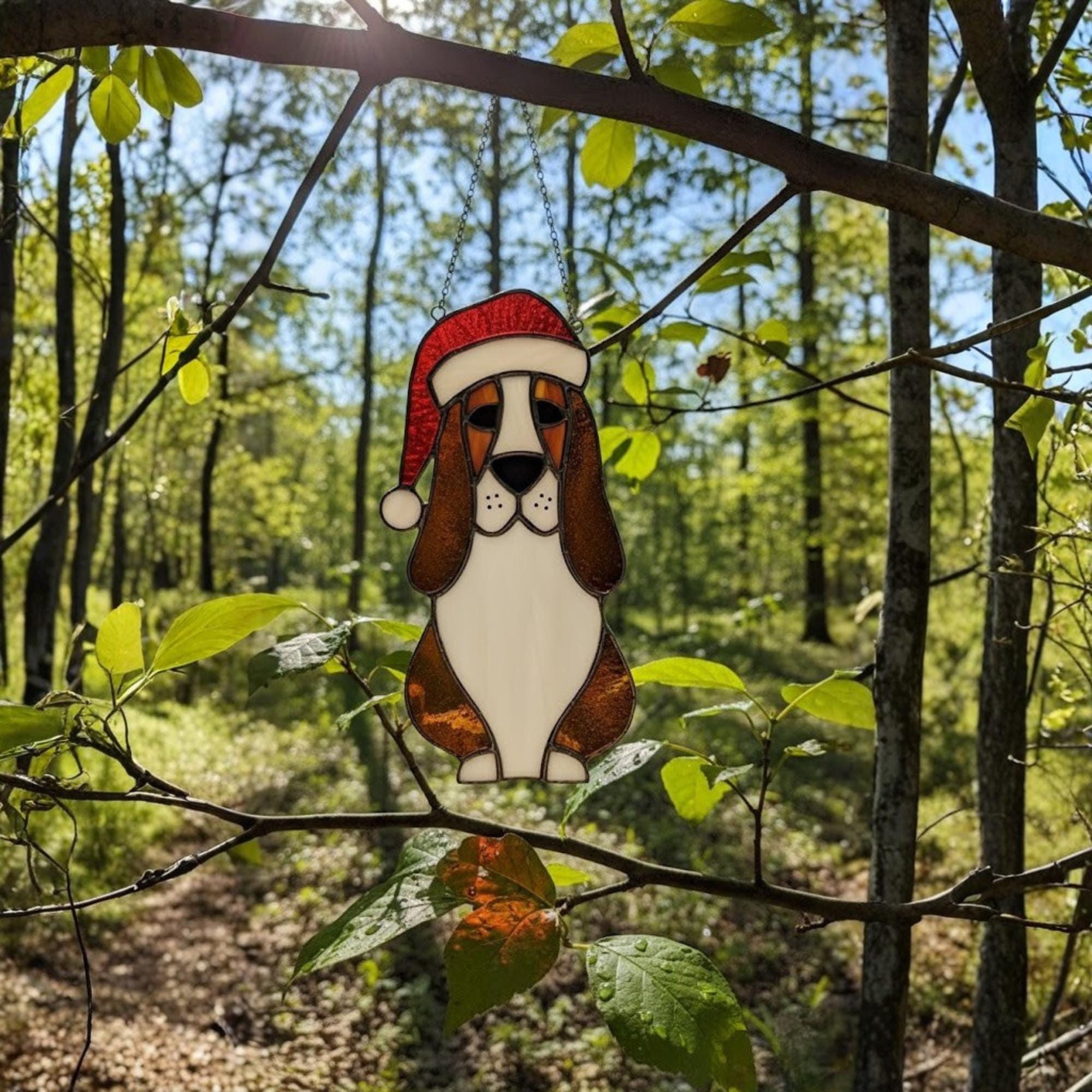 Dog portrait stained glass art displayed on bedroom wall, pet lover home decor