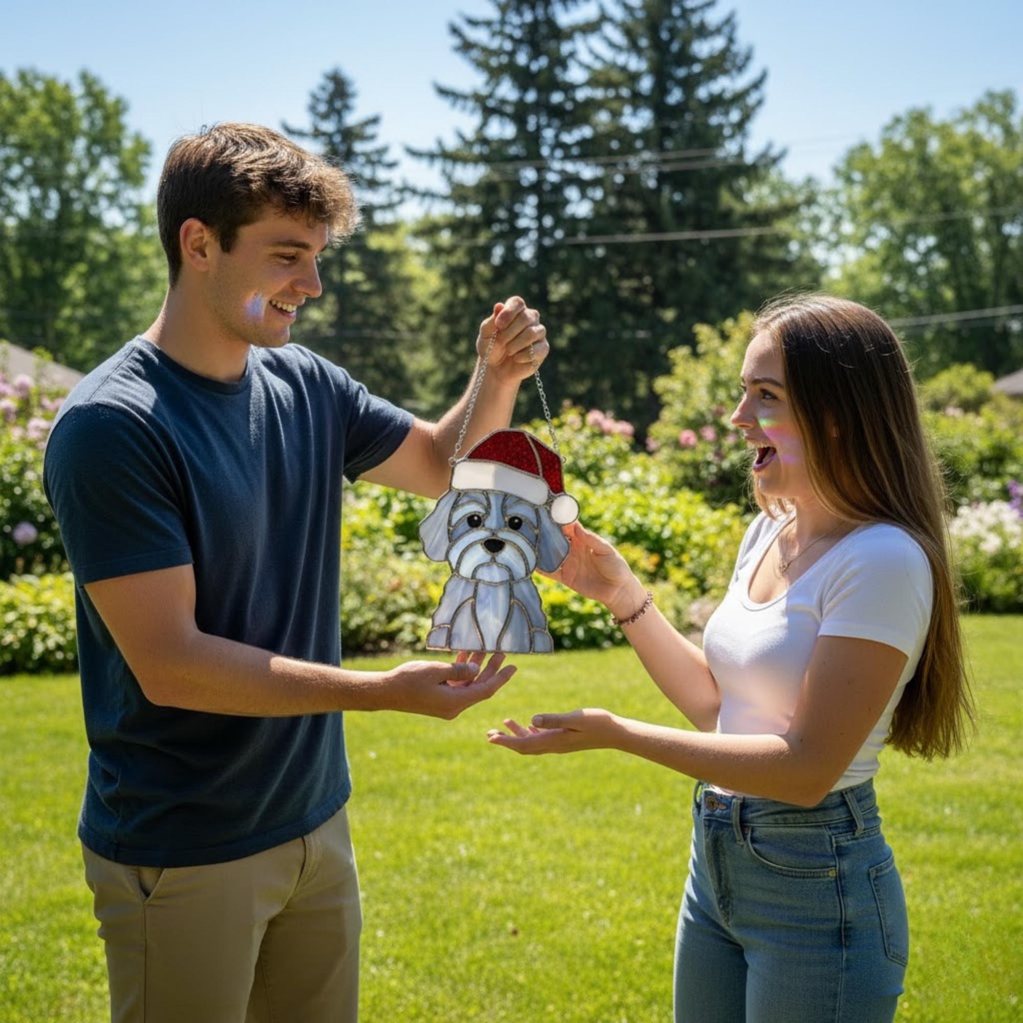 Couple holding stained glass dog ornament outdoors, dog lover gift moment