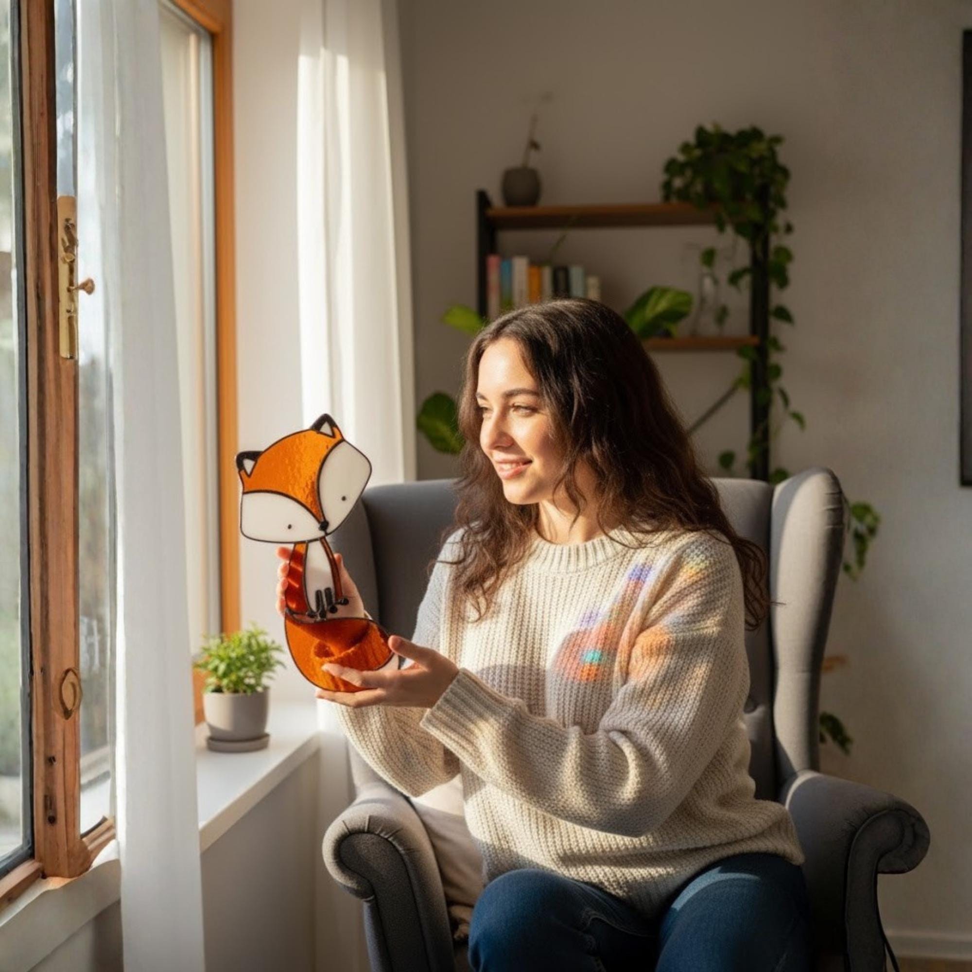 Woman holding stained glass fox ornament, cozy woodland home decor