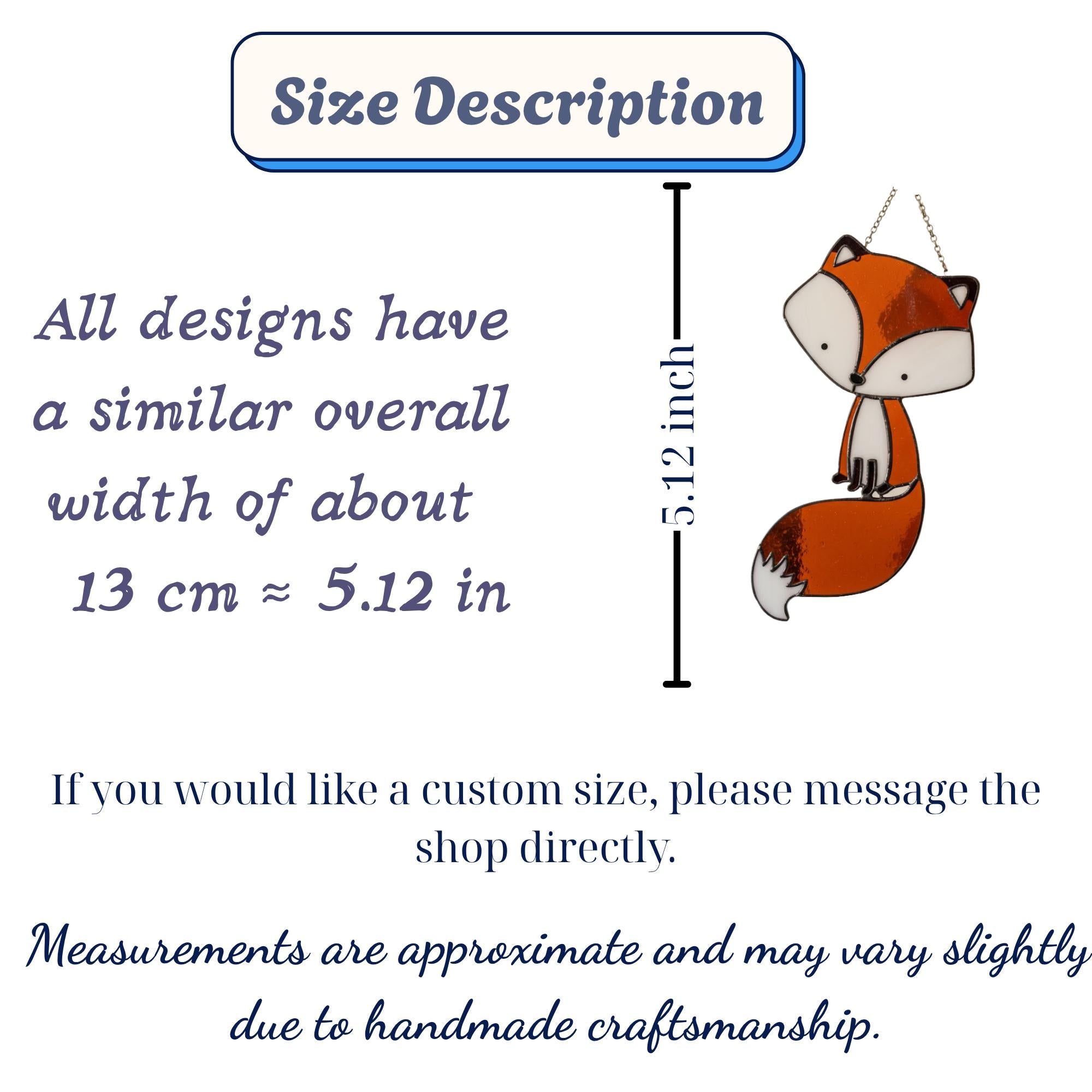Size guide for stained glass fox suncatcher, approx 5.12 inch tall