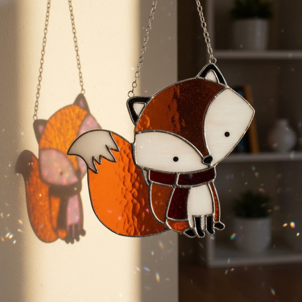 Cute stained glass fox ornament shining in afternoon light, window decoration