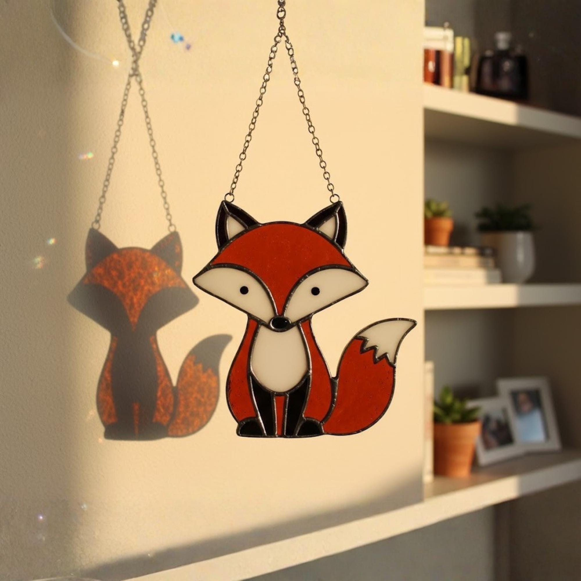 Standing fox stained glass ornament with white belly, woodland decor..