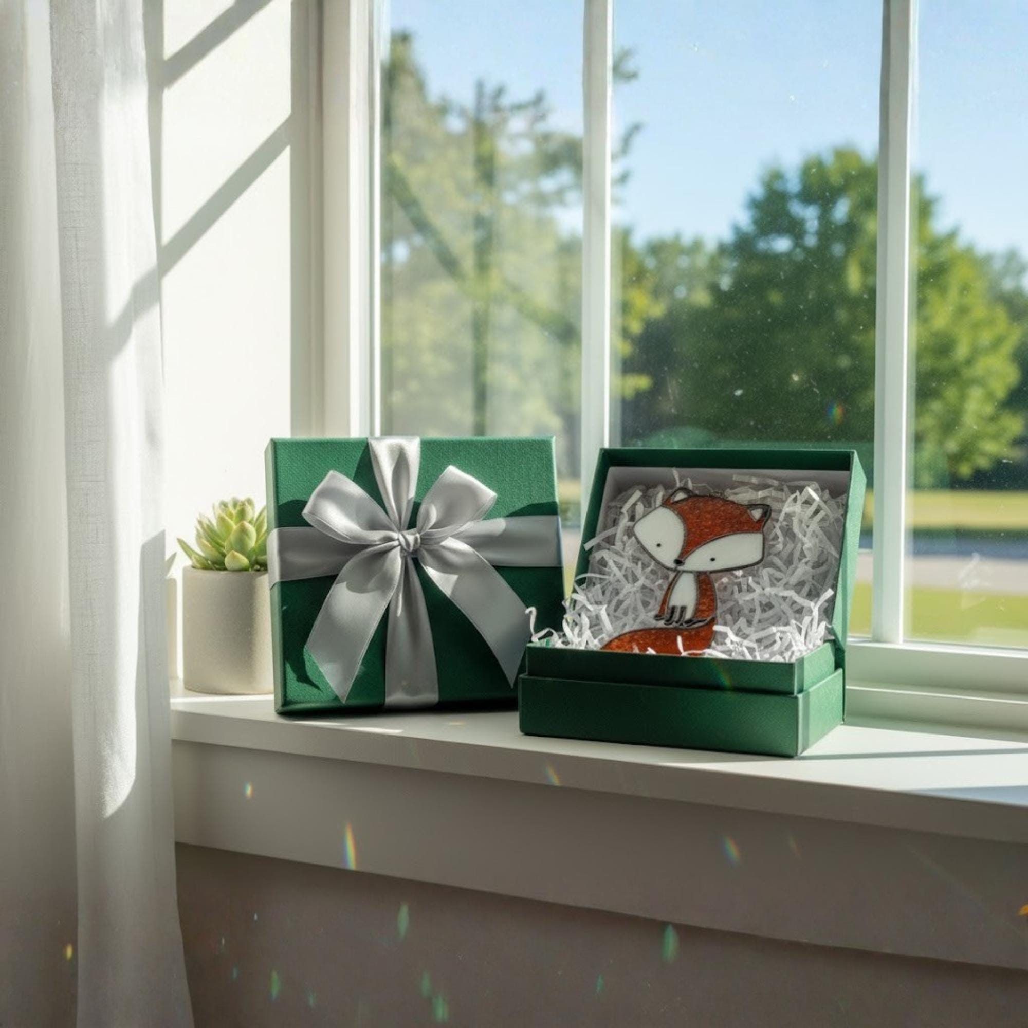 Fox stained glass ornament in gift box by sunny window, ready for gifting