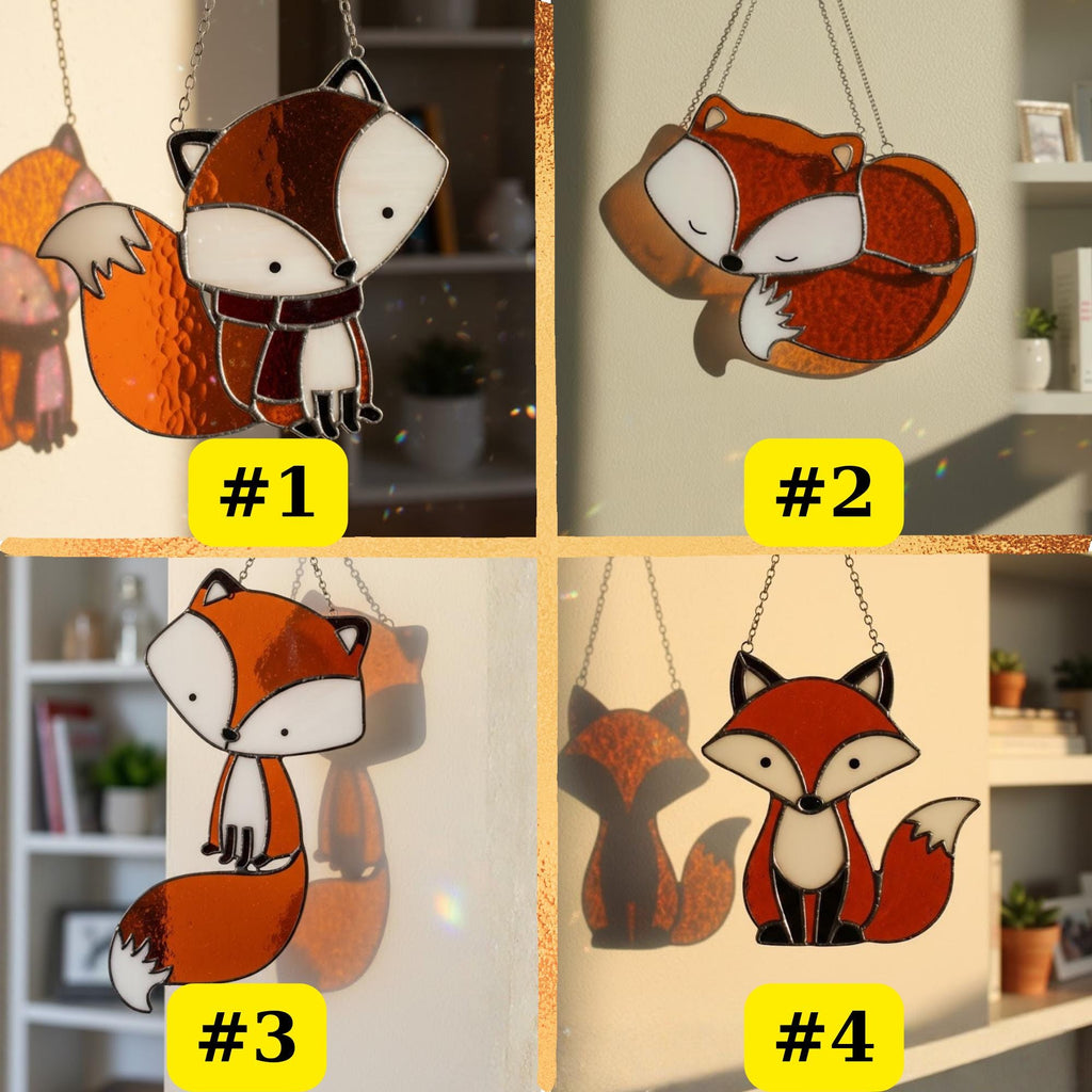 Four fox stained glass designs #1–#4, handmade woodland animal ornaments