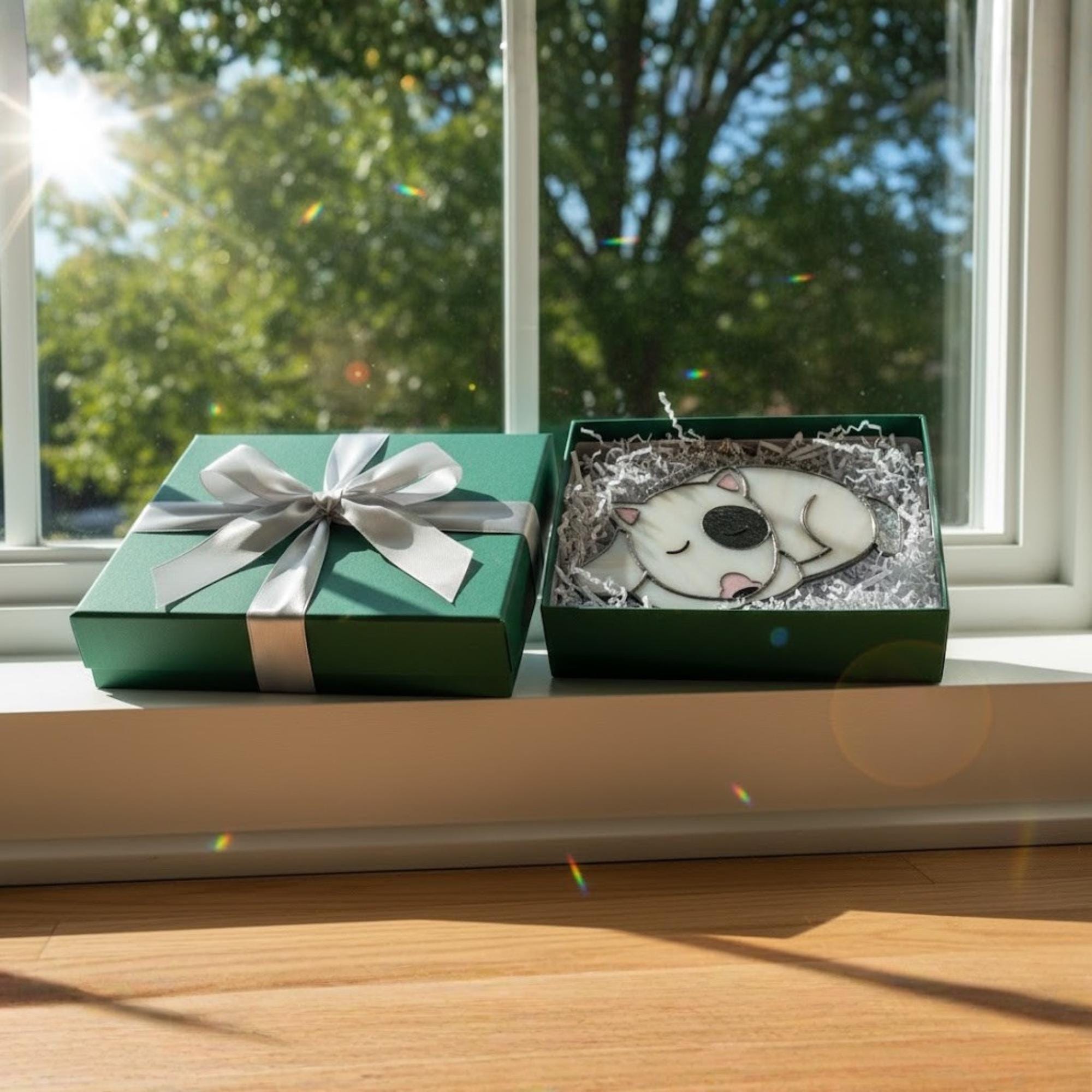 Sleeping dog stained glass ornament displayed on windowsill in daylight