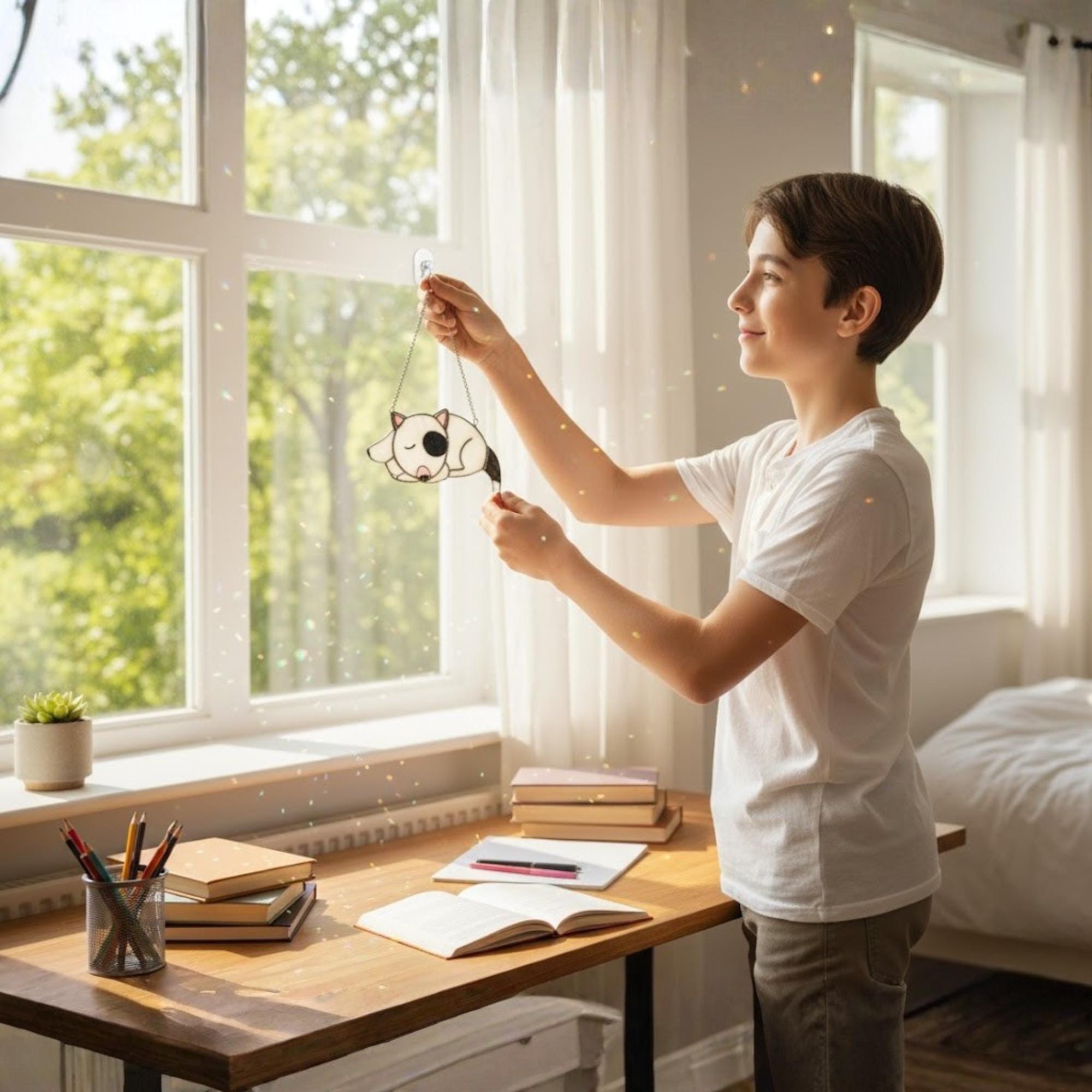 Woman hanging stained glass sleeping dog suncatcher on sunny window, home decor