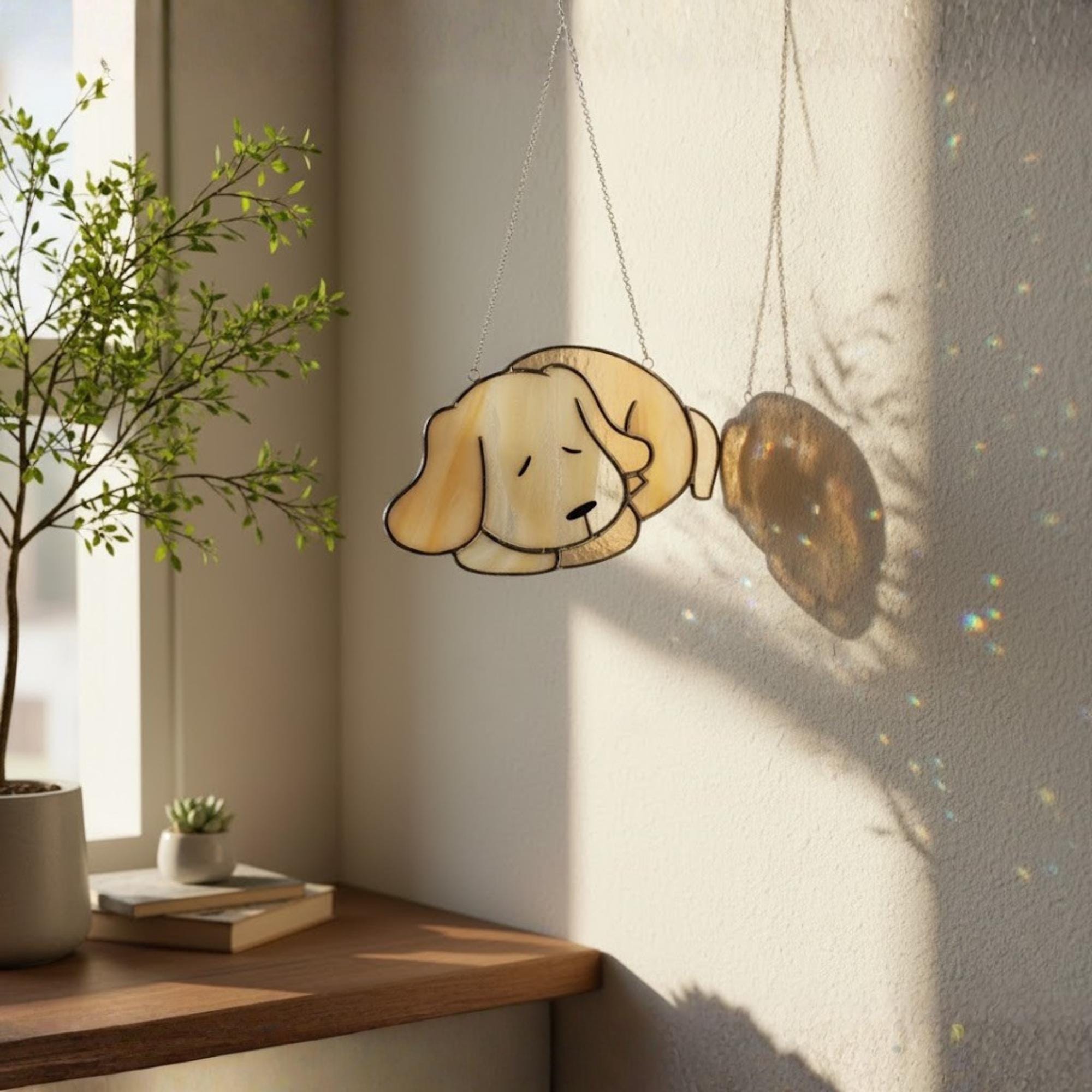 Handmade stained glass sleeping dog suncatcher glowing on window, pet memorial decor