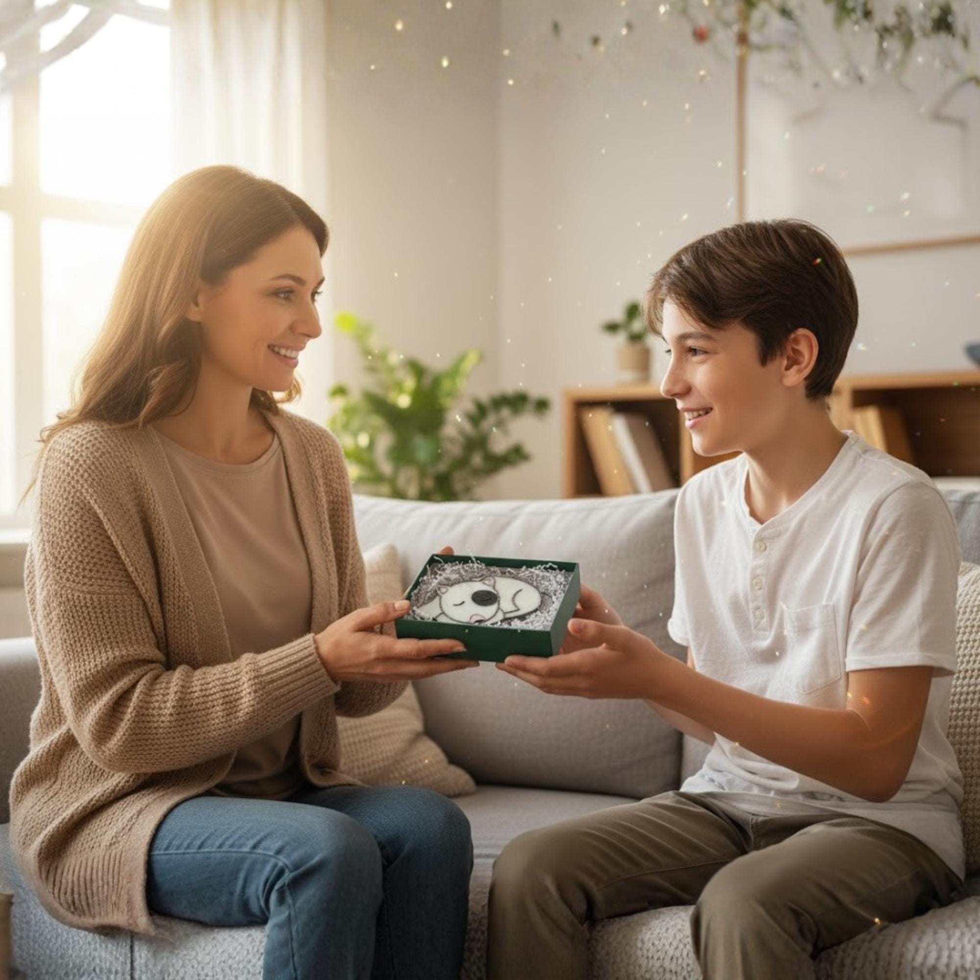 Mother and son holding stained glass sleeping dog gift, sentimental pet memorial gift