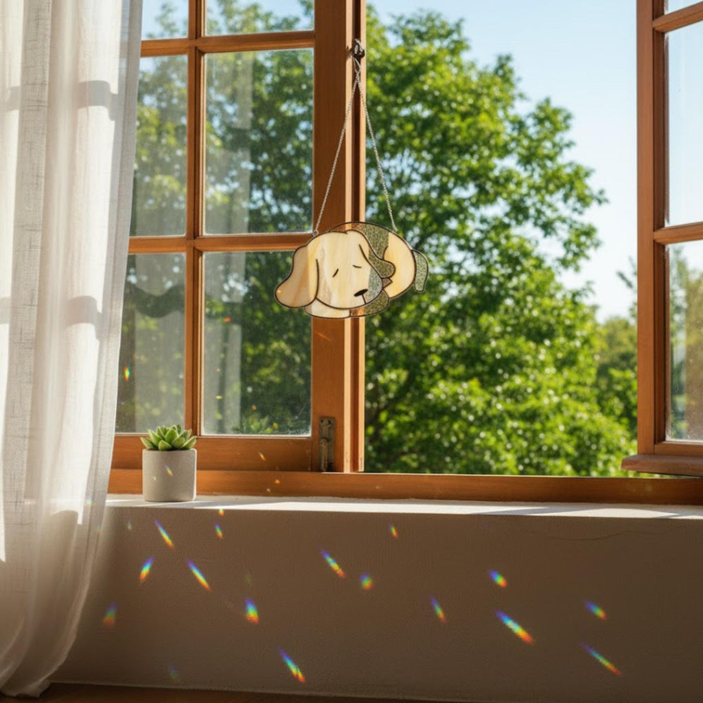 Sleeping dog suncatcher held against blue sky, pet memorial window ornament